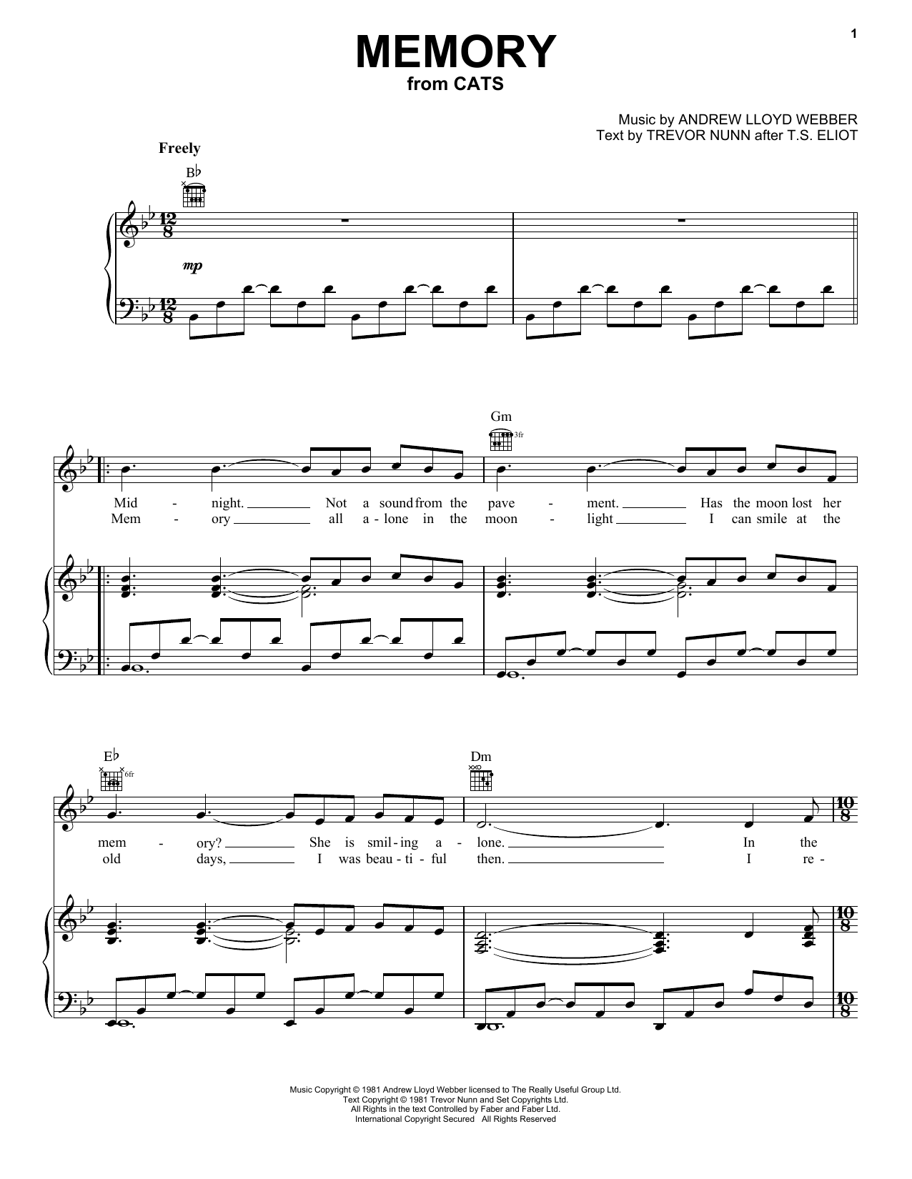 Andrew Lloyd Webber Memory (from Cats) sheet music notes and chords. Download Printable PDF.