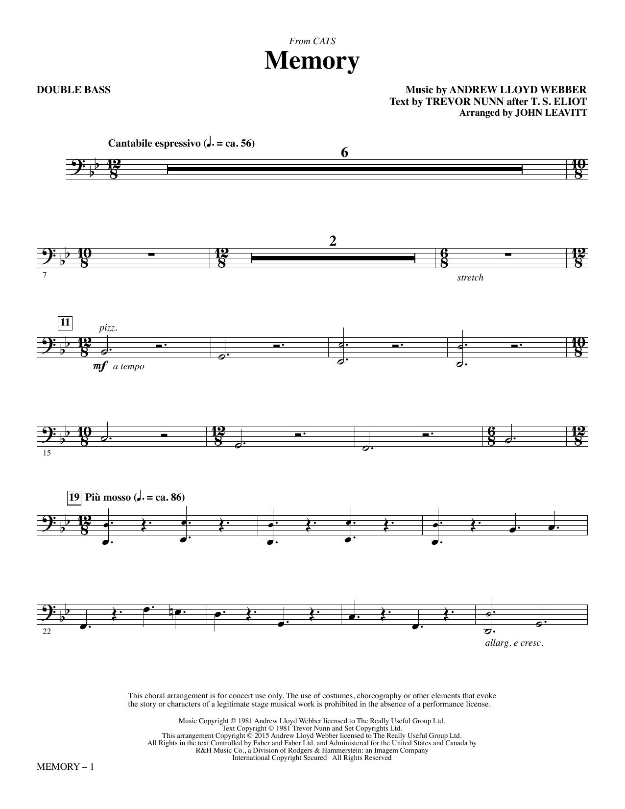 Andrew Lloyd Webber Memory (from Cats) (arr. John Leavitt) - Double Bass sheet music notes and chords. Download Printable PDF.