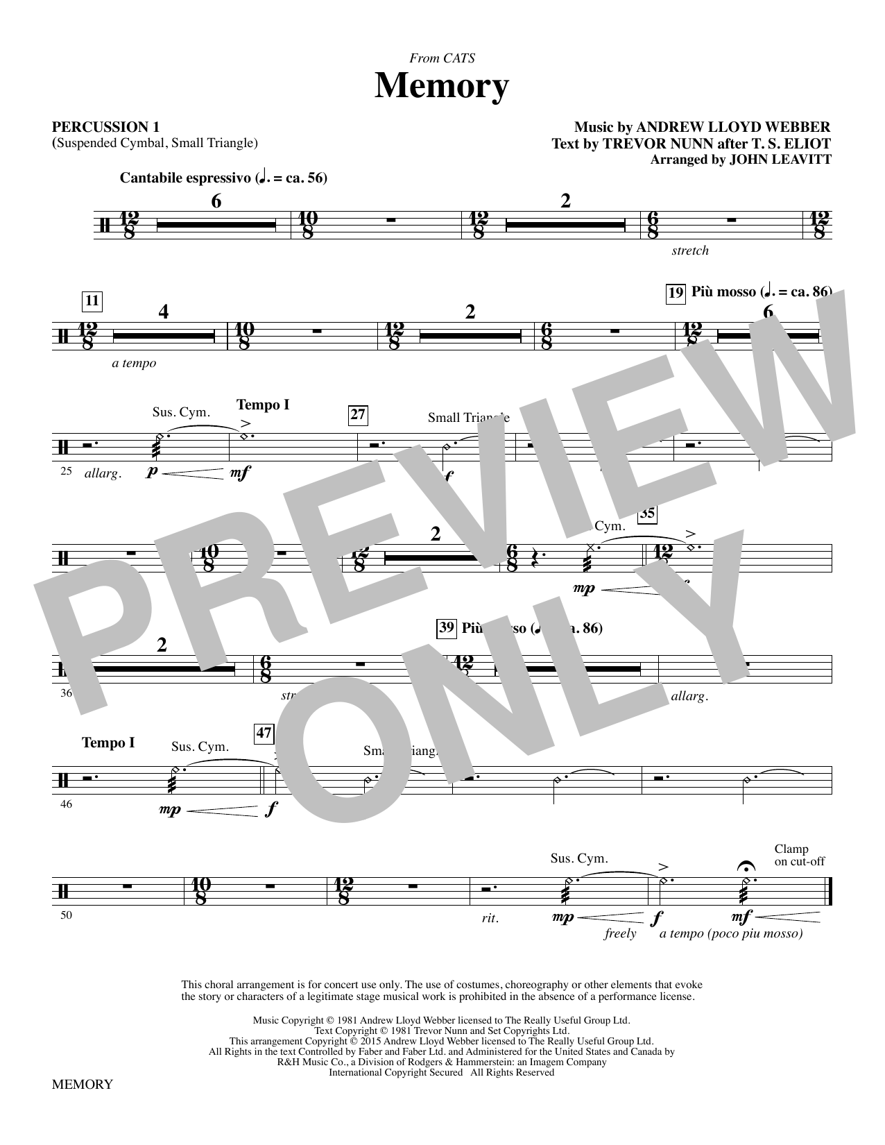 Andrew Lloyd Webber Memory (from Cats) (arr. John Leavitt) - Percussion 1 sheet music notes and chords. Download Printable PDF.