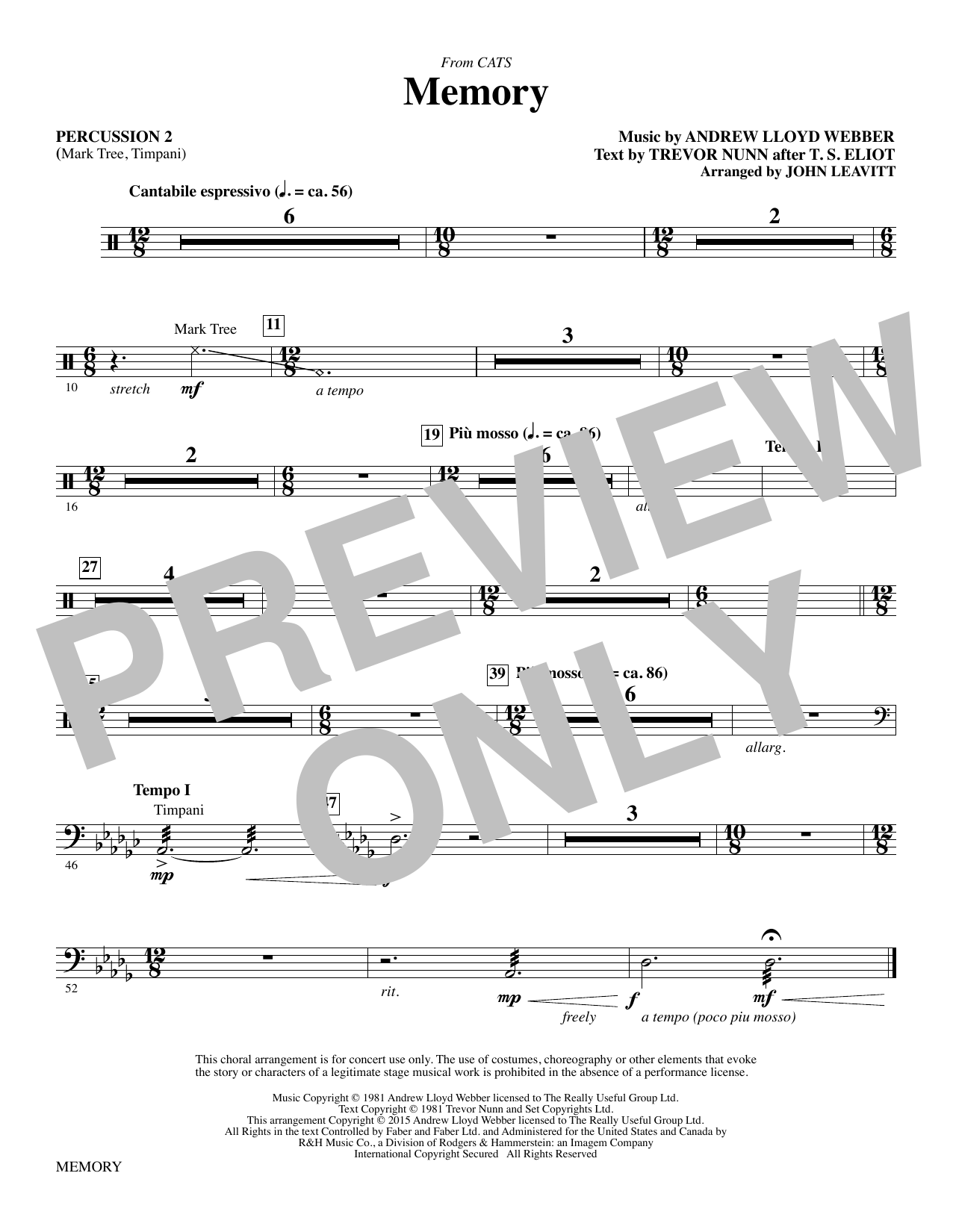 Andrew Lloyd Webber Memory (from Cats) (arr. John Leavitt) - Percussion 2 sheet music notes and chords. Download Printable PDF.