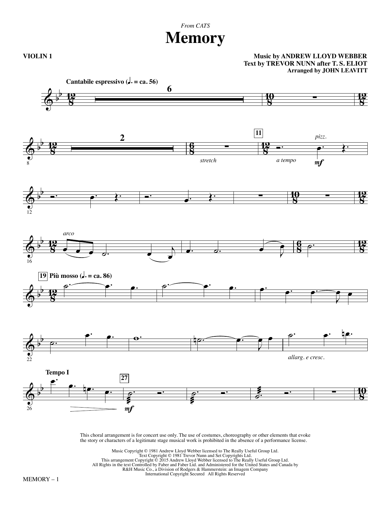 Andrew Lloyd Webber Memory (from Cats) (arr. John Leavitt) - Violin 1 sheet music notes and chords. Download Printable PDF.