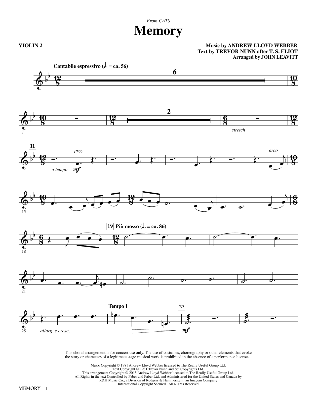 Andrew Lloyd Webber Memory (from Cats) (arr. John Leavitt) - Violin 2 sheet music notes and chords. Download Printable PDF.
