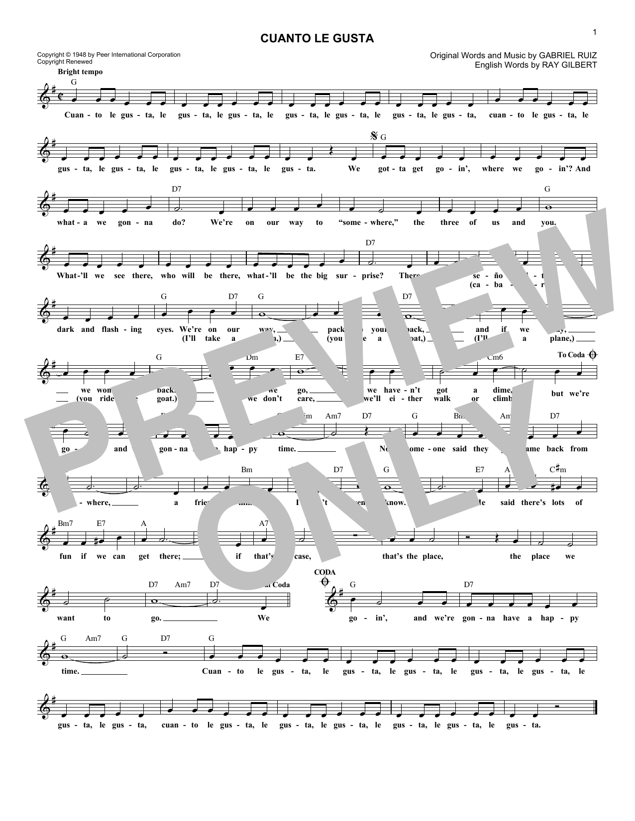 Andrews Sisters & Carmen Cuanto Le Gusta sheet music notes and chords arranged for Real Book – Melody & Chords