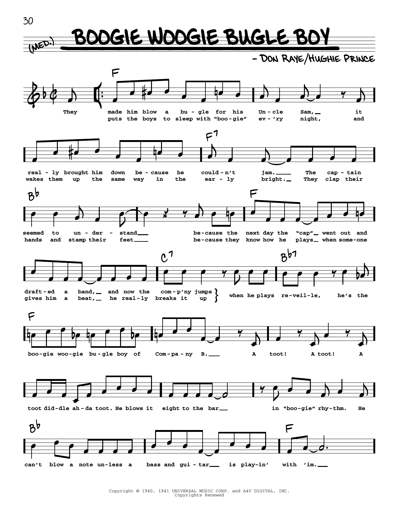 Andrews Sisters Boogie Woogie Bugle Boy (High Voice) (from Buck Privates) sheet music notes and chords arranged for Real Book – Melody, Lyrics & Chords