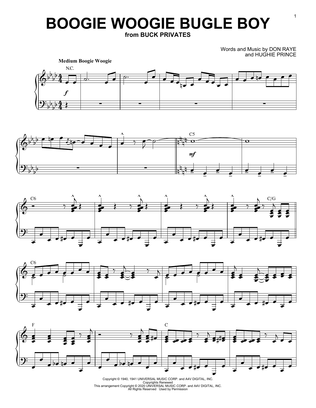 Andrews Sisters Boogie Woogie Bugle Boy [Jazz version] (arr. Brent Edstrom) sheet music notes and chords arranged for Piano Solo