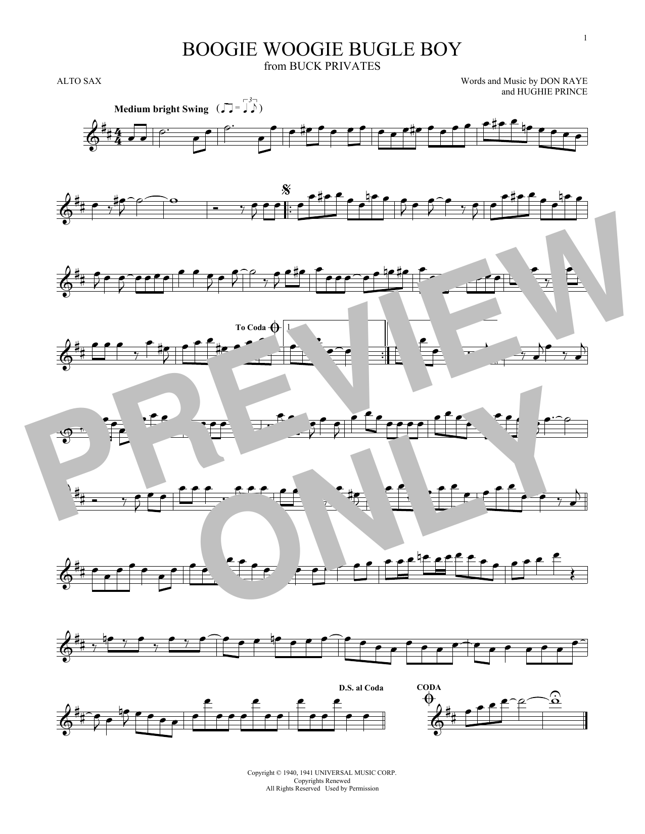 Andrews Sisters Boogie Woogie Bugle Boy sheet music notes and chords arranged for Tenor Sax Solo