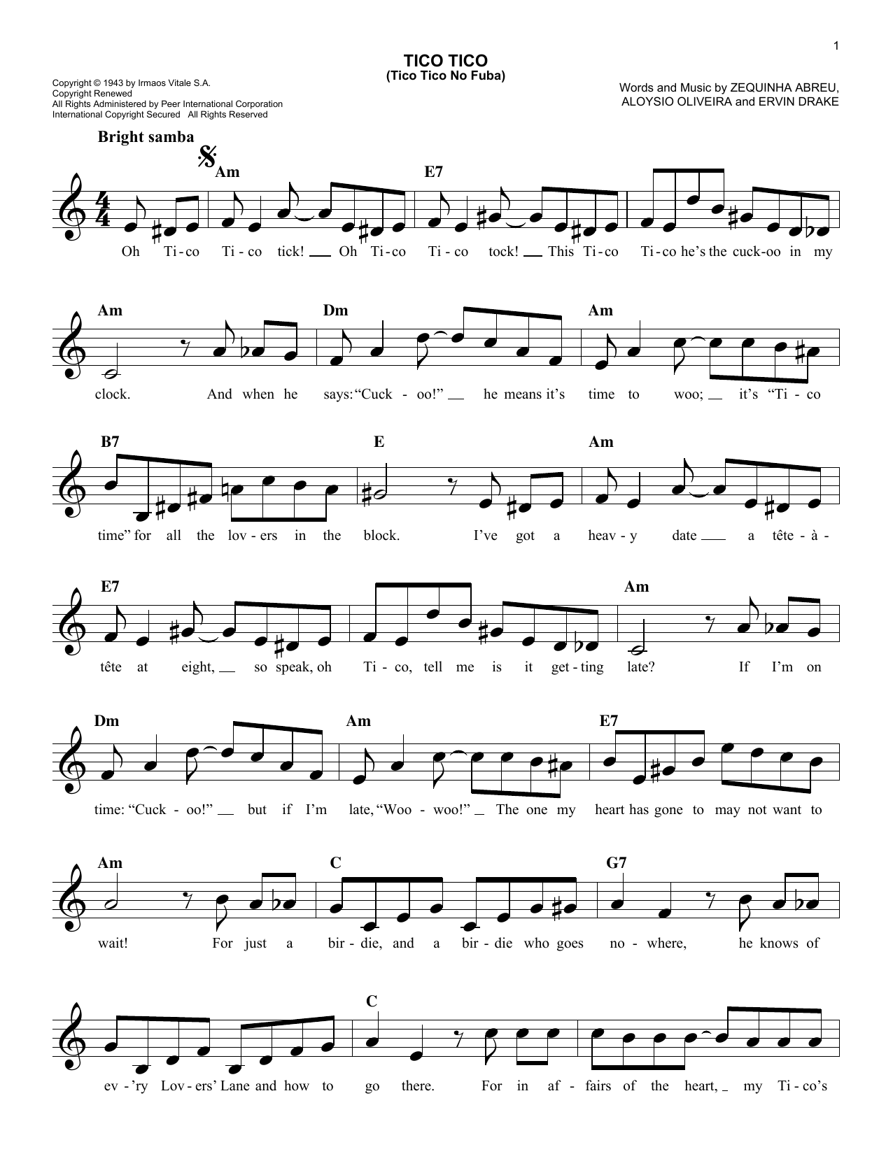 Andrews Sisters Tico Tico (Tico Tico No Fuba) sheet music notes and chords arranged for Lead Sheet / Fake Book