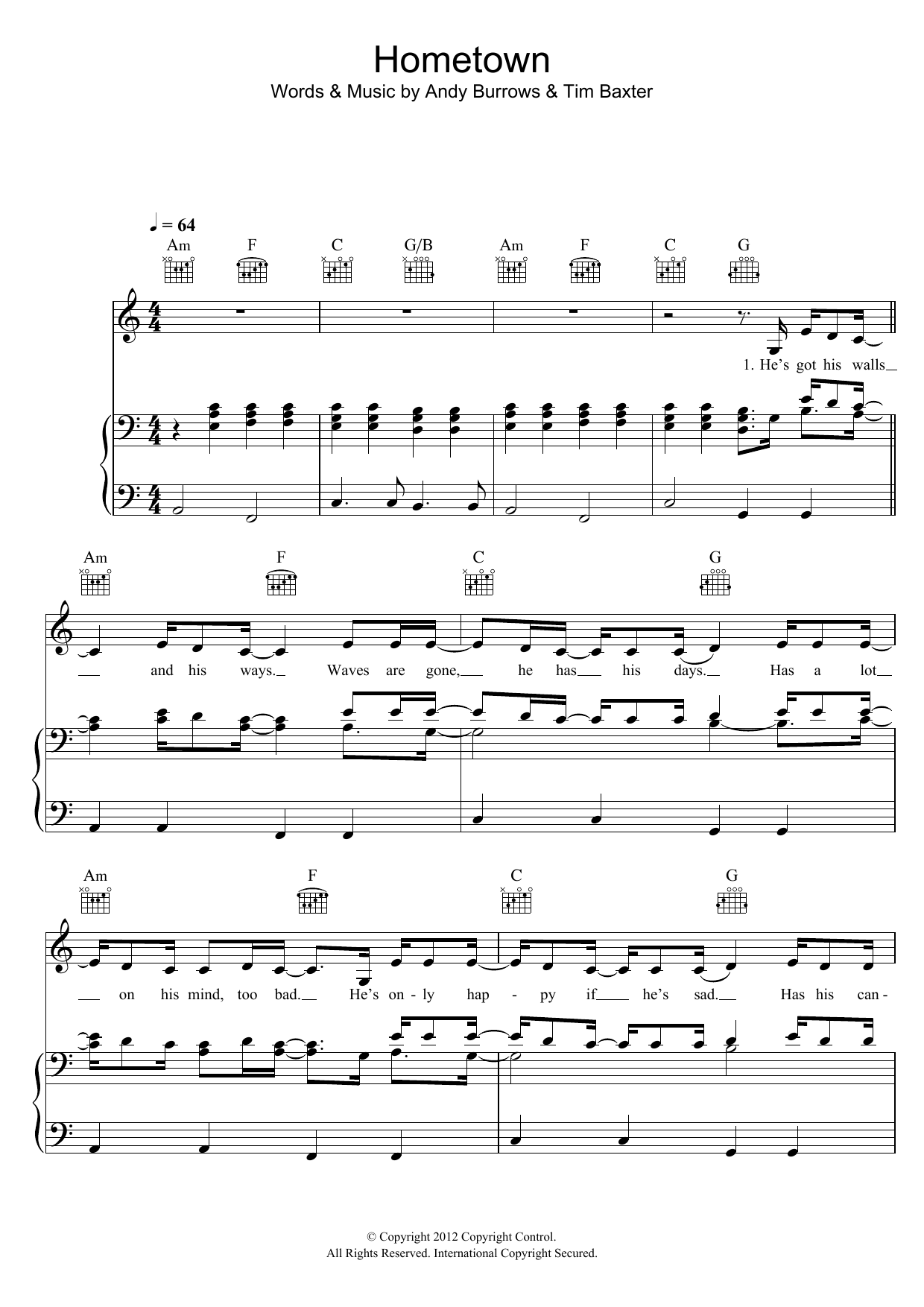 Andy Burrows Hometown sheet music notes and chords arranged for Piano, Vocal & Guitar Chords