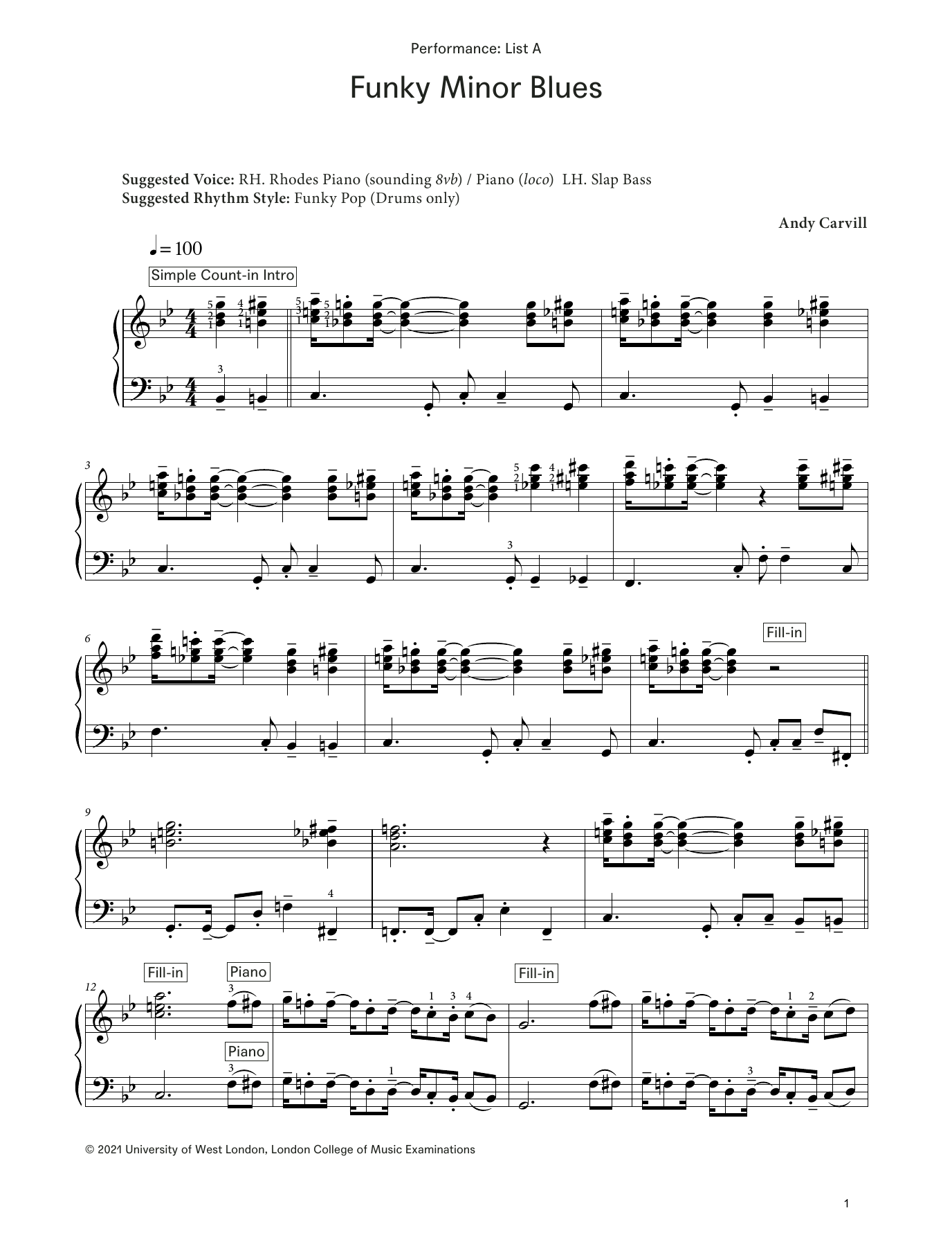 Andy Carvill Funky Minor Blues (from LCME Electronic Keyboard Grade 7 List A) sheet music notes and chords arranged for Piano Solo