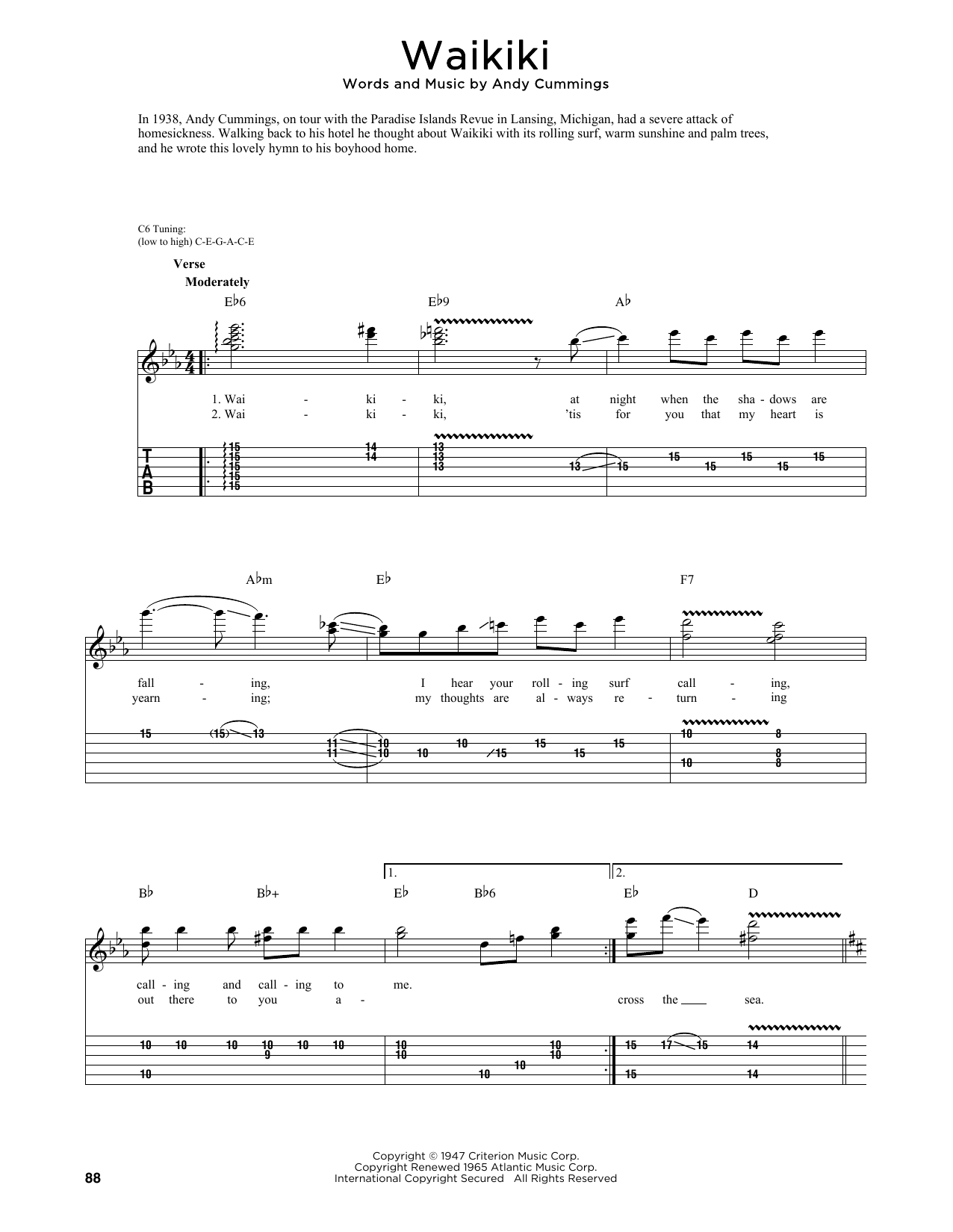 Andy Cummings Waikiki (arr. Fred Sokolow) sheet music notes and chords arranged for Guitar Tab