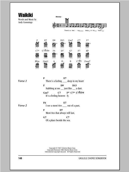 Andy Cummings Waikiki sheet music notes and chords arranged for Ukulele Chords/Lyrics
