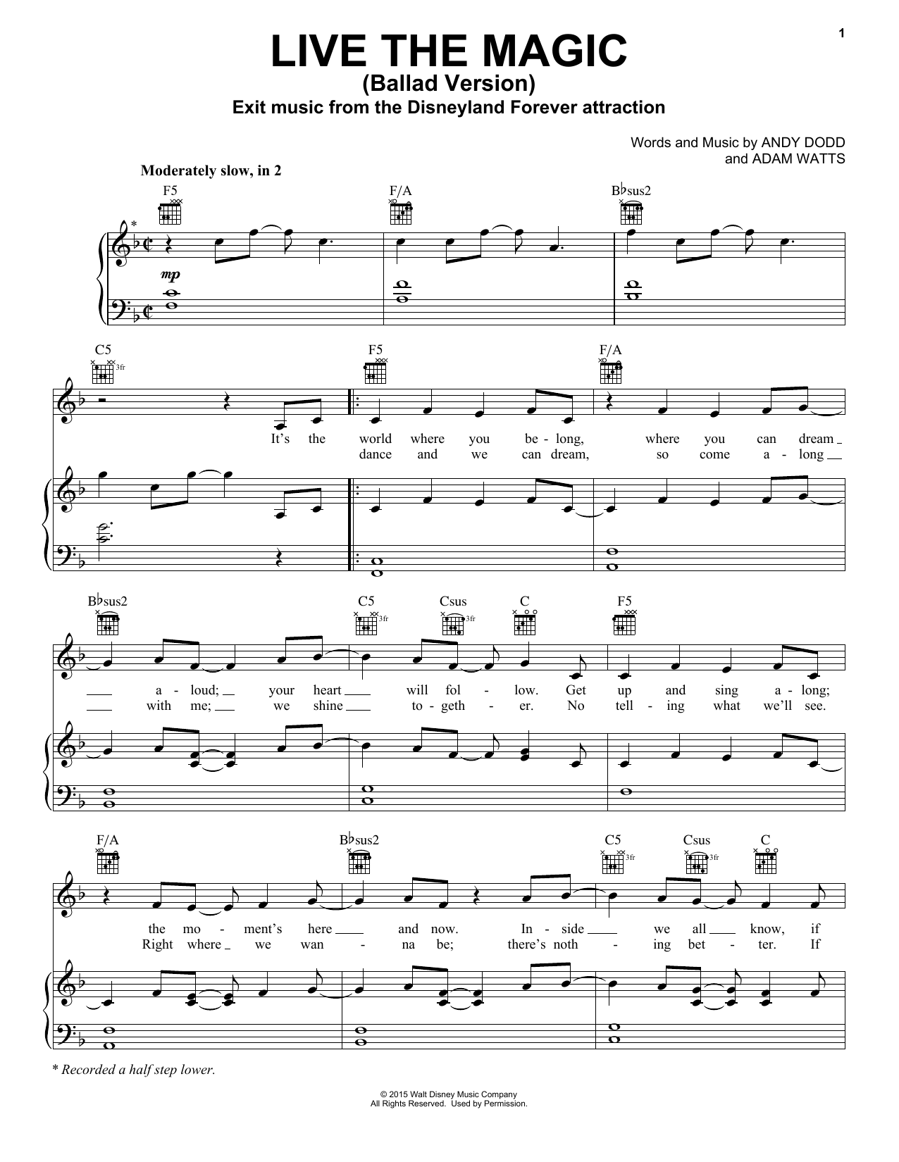 Andy Dodd Live The Magic (from Disneyland Forever) sheet music notes and chords arranged for Piano, Vocal & Guitar Chords (Right-Hand Melody)