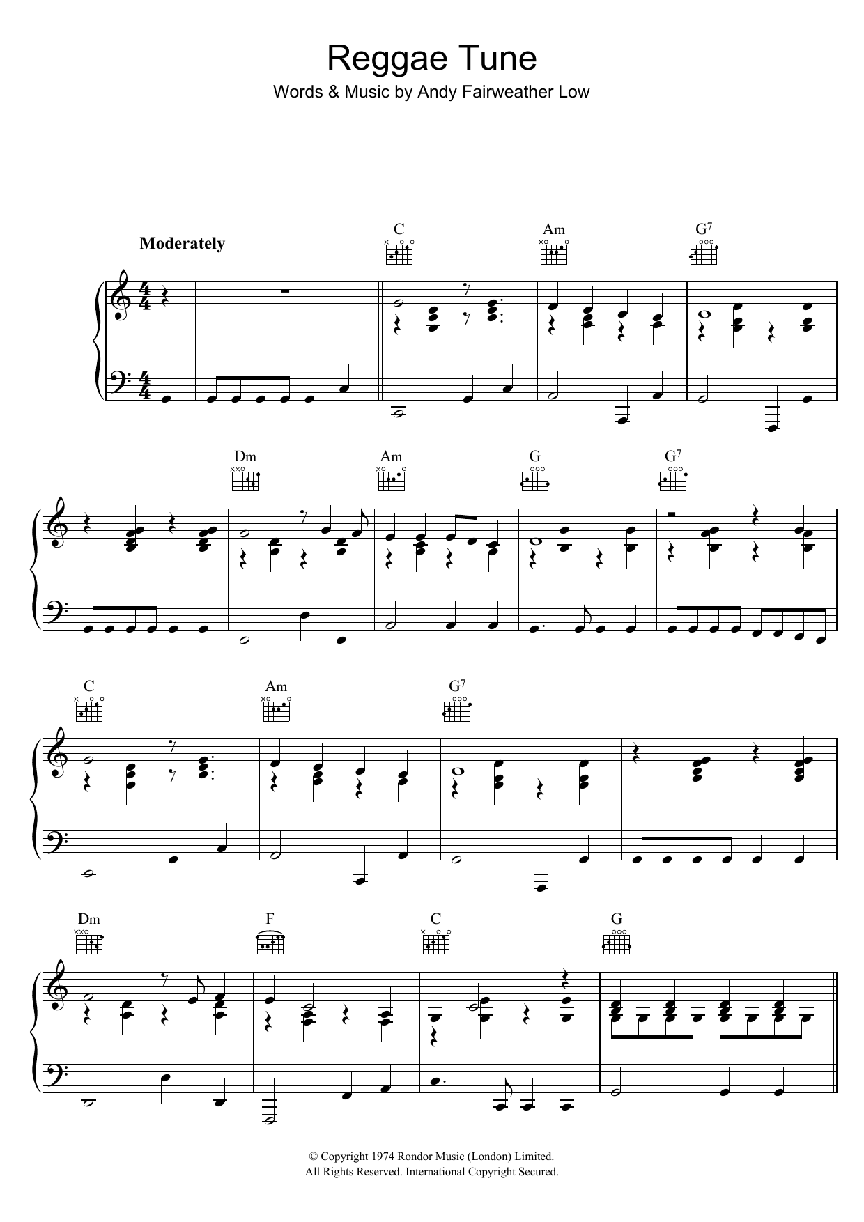 Andy Fairweather Low Reggae Tune sheet music notes and chords arranged for Piano, Vocal & Guitar Chords