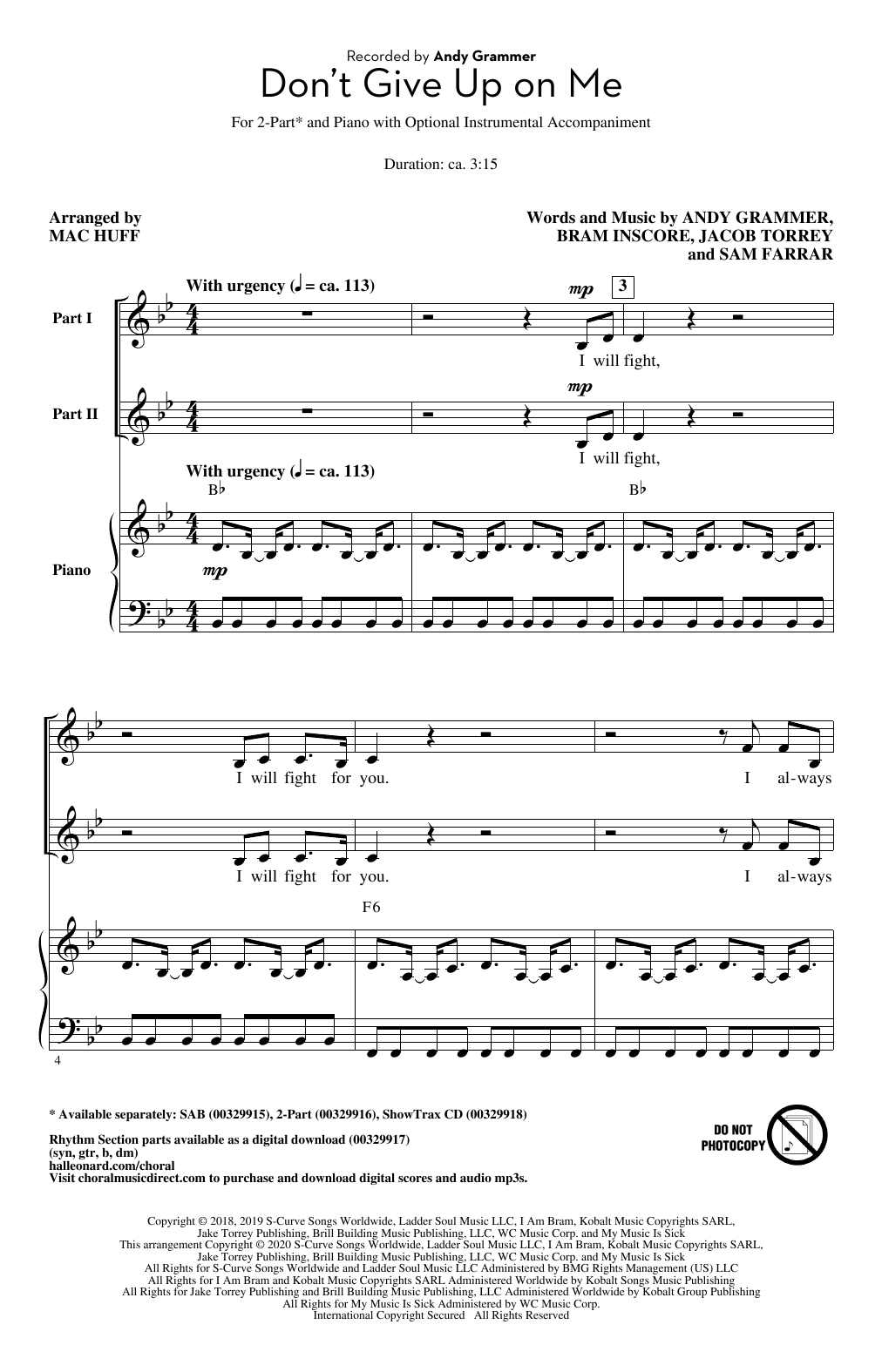 Andy Grammer Don't Give Up On Me (arr. Mac Huff) sheet music notes and chords arranged for SAB Choir