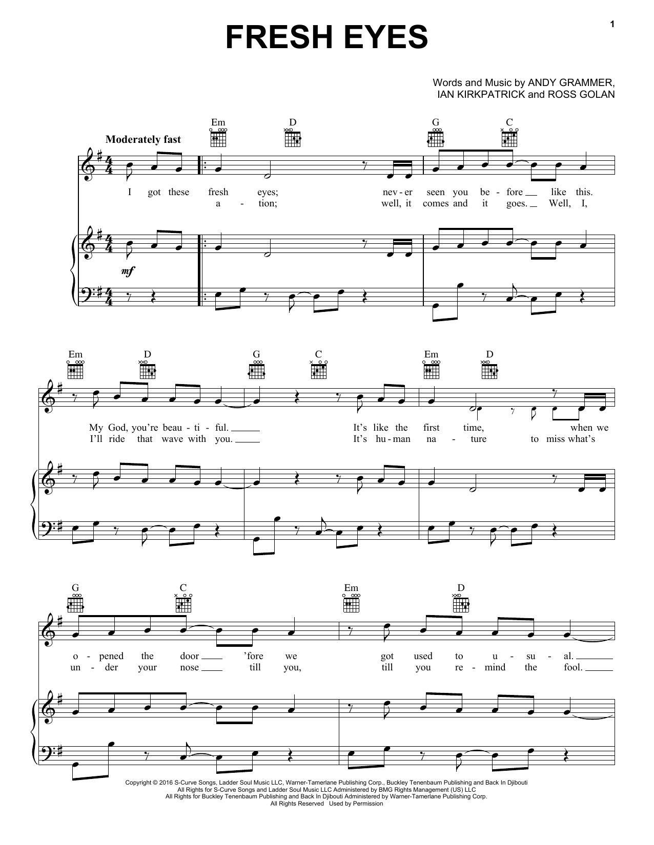 Andy Grammer Fresh Eyes sheet music notes and chords arranged for Piano, Vocal & Guitar Chords (Right-Hand Melody)