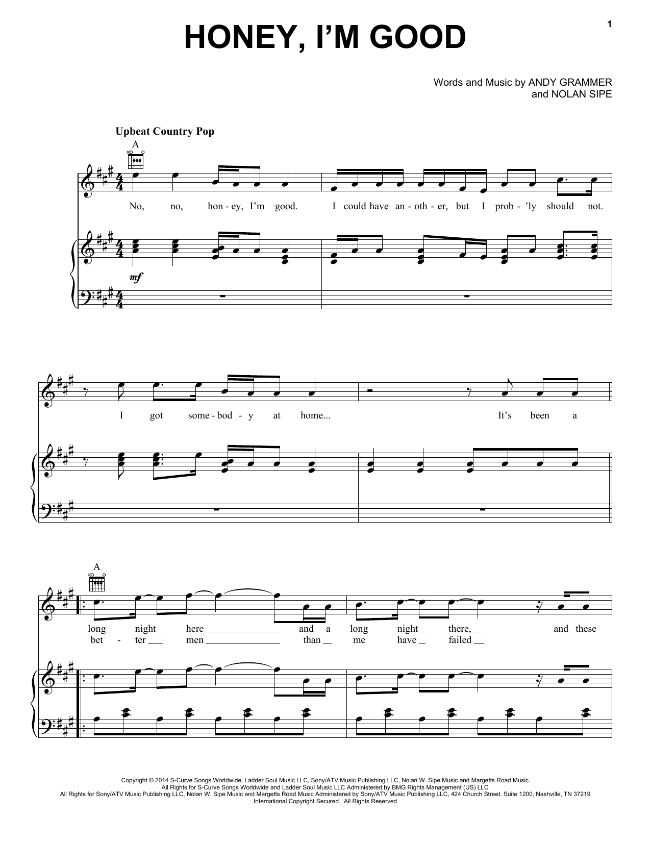 Andy Grammer Honey, I'm Good sheet music notes and chords arranged for Piano, Vocal & Guitar Chords (Right-Hand Melody)