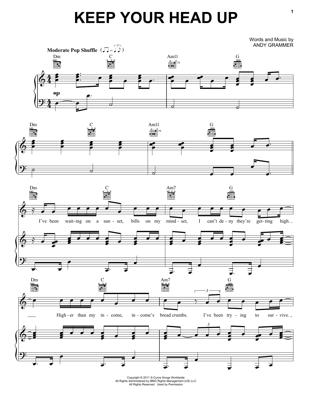 Andy Grammer Keep Your Head Up sheet music notes and chords arranged for Piano, Vocal & Guitar Chords (Right-Hand Melody)
