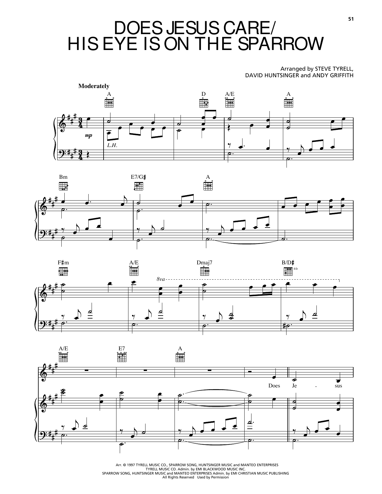 Andy Griffith Does Jesus Care/His Eye Is On The Sparrow sheet music notes and chords arranged for Piano, Vocal & Guitar Chords (Right-Hand Melody)