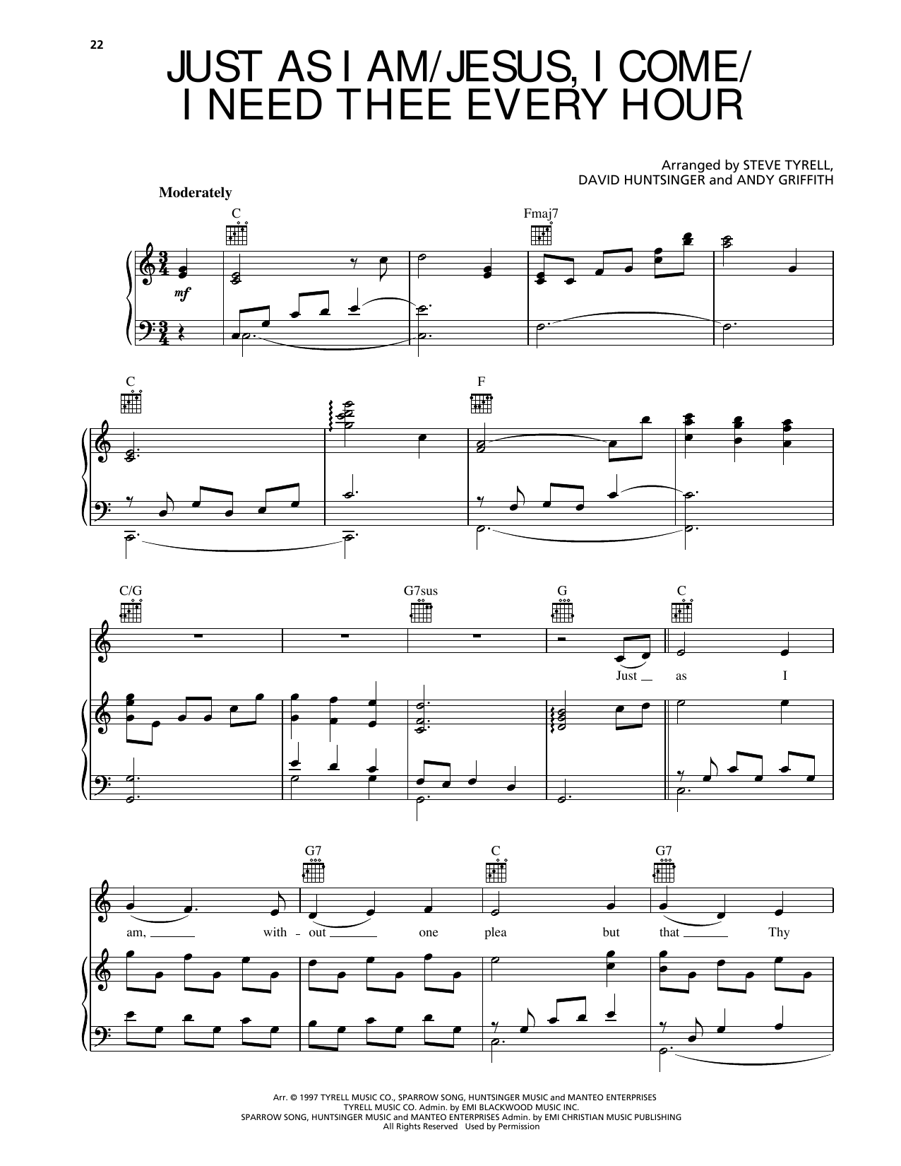 Andy Griffith Just As I Am/Jesus, I Come/I Need Thee Every Hour sheet music notes and chords arranged for Piano, Vocal & Guitar Chords (Right-Hand Melody)