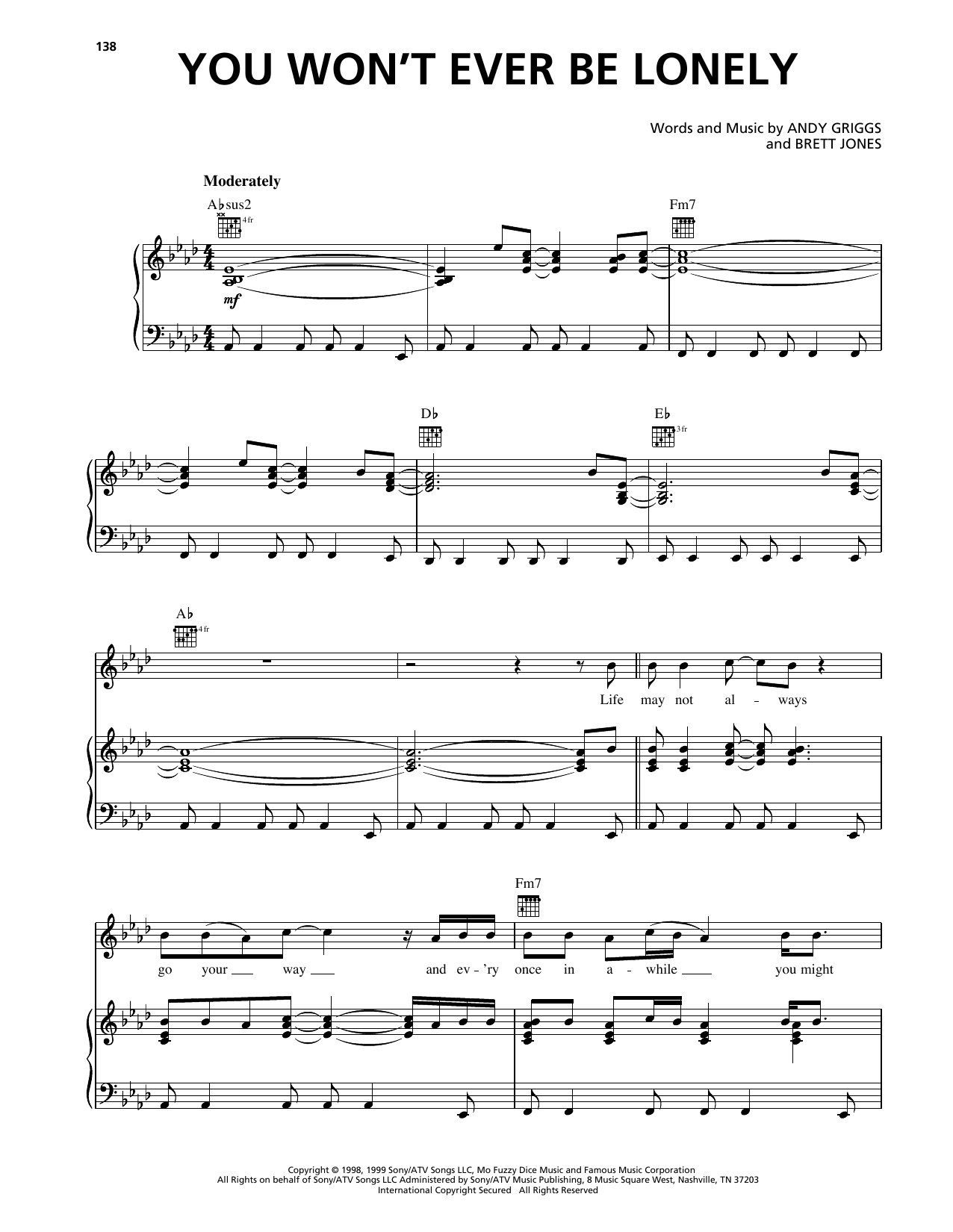 Andy Griggs You Won't Ever Be Lonely sheet music notes and chords arranged for Piano, Vocal & Guitar Chords (Right-Hand Melody)