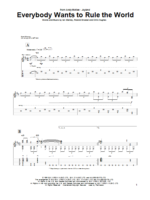 Andy McKee Everybody Wants To Rule The World sheet music notes and chords arranged for Guitar Tab