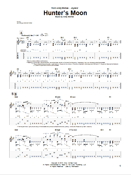 Andy McKee Hunter's Moon sheet music notes and chords arranged for Guitar Tab