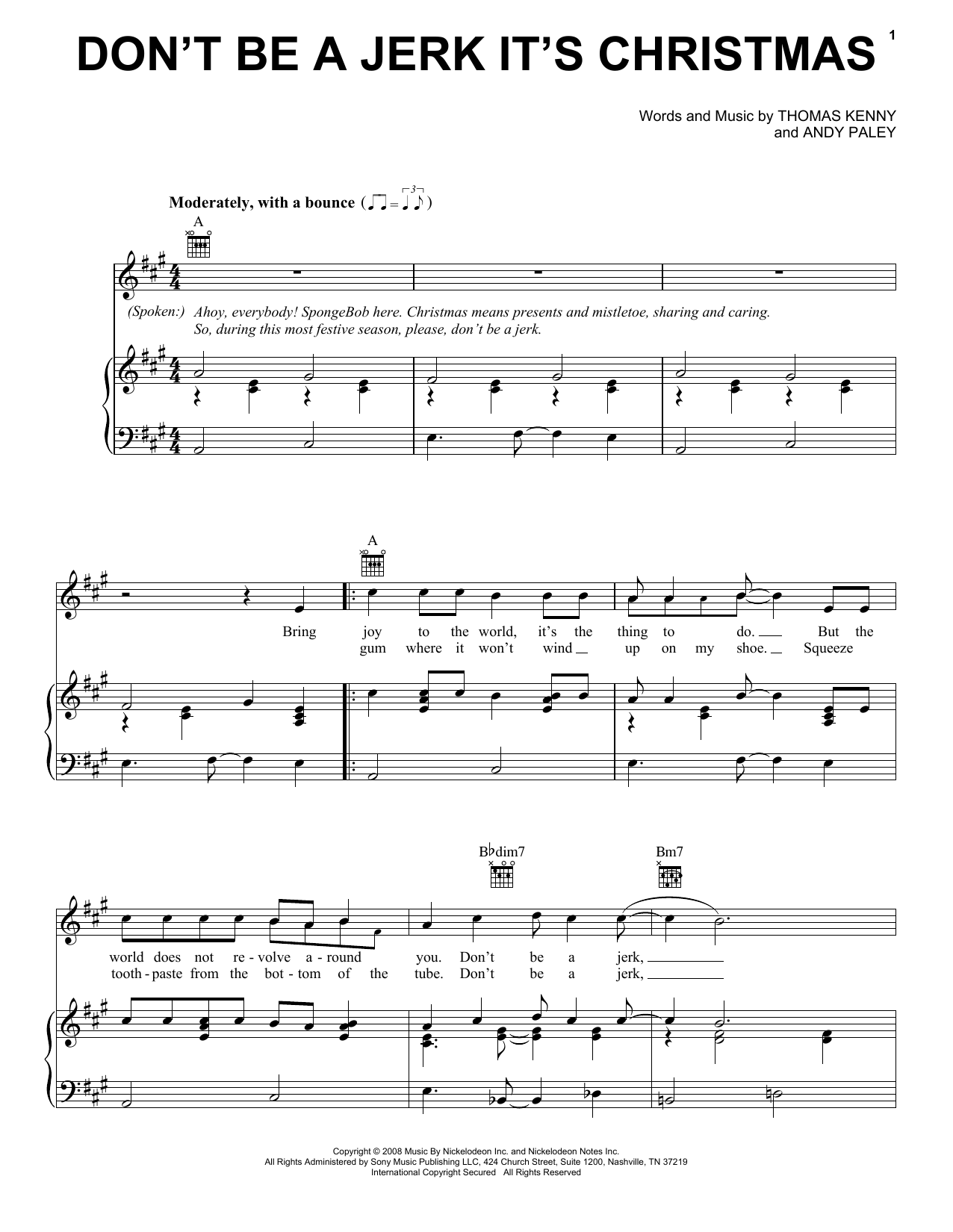 Andy Paley Don't Be A Jerk It's Christmas (from SpongeBob SquarePants) sheet music notes and chords arranged for Piano, Vocal & Guitar Chords (Right-Hand Melody)