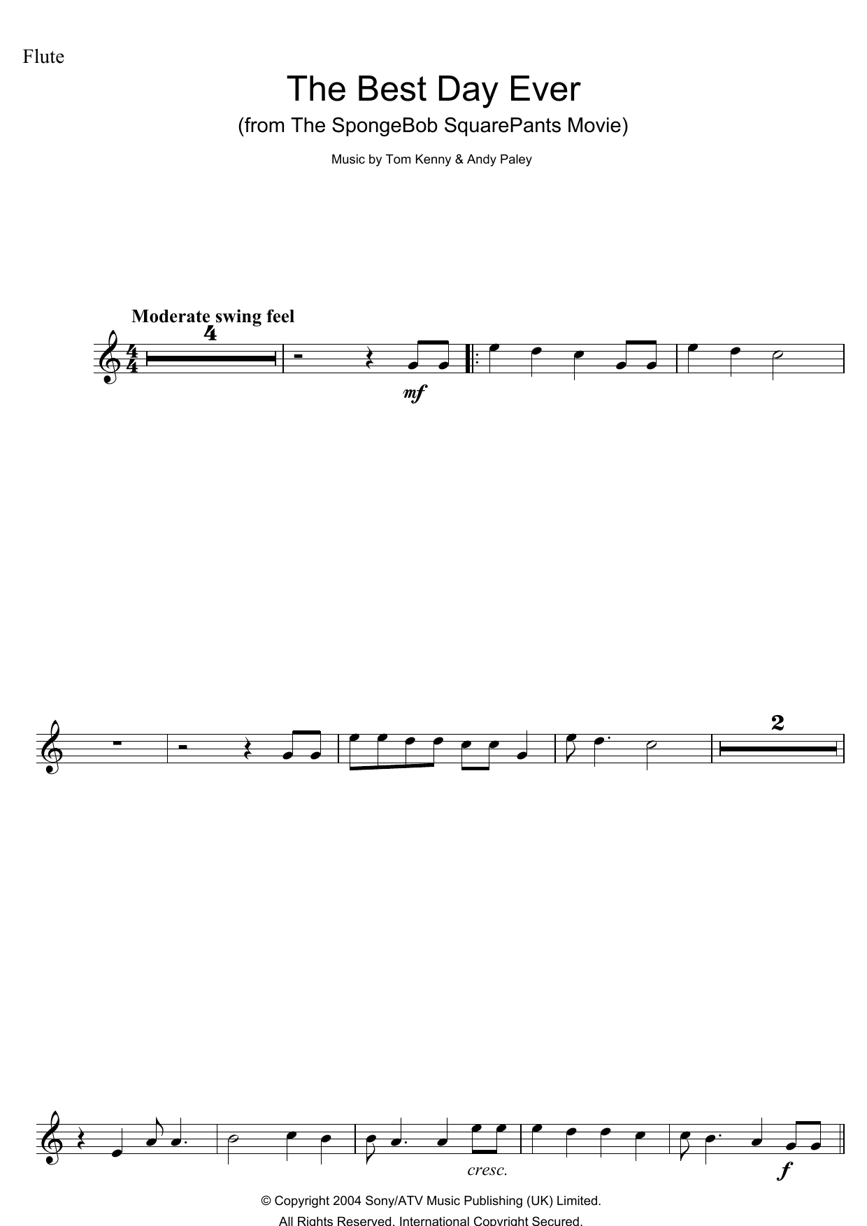 Andy Paley The Best Day Ever (from The SpongeBob SquarePants Movie) sheet music notes and chords arranged for Flute Solo