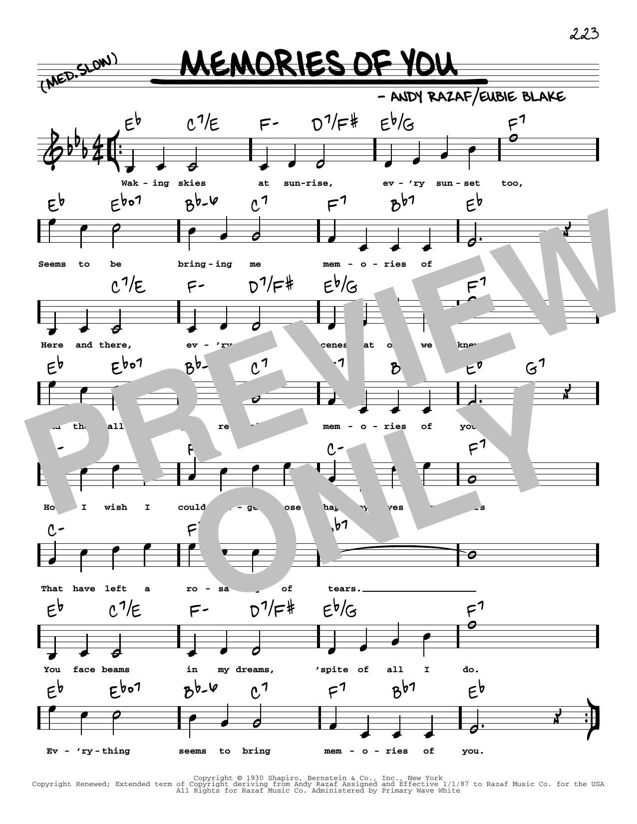 Andy Razaf Memories Of You (arr. Robert Rawlins) sheet music notes and chords arranged for Real Book – Melody, Lyrics & Chords