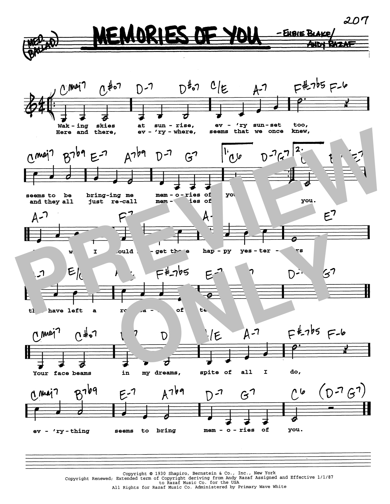 Andy Razaf Memories Of You (Low Voice) sheet music notes and chords arranged for Real Book – Melody, Lyrics & Chords