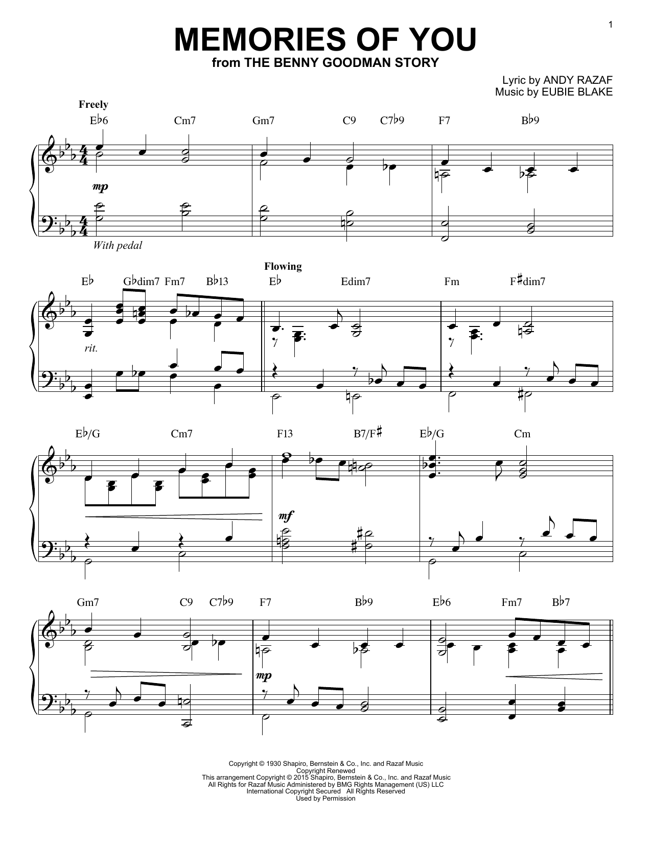 Andy Razaf Memories Of You [Stride version] (arr. Brent Edstrom) sheet music notes and chords arranged for Piano Solo