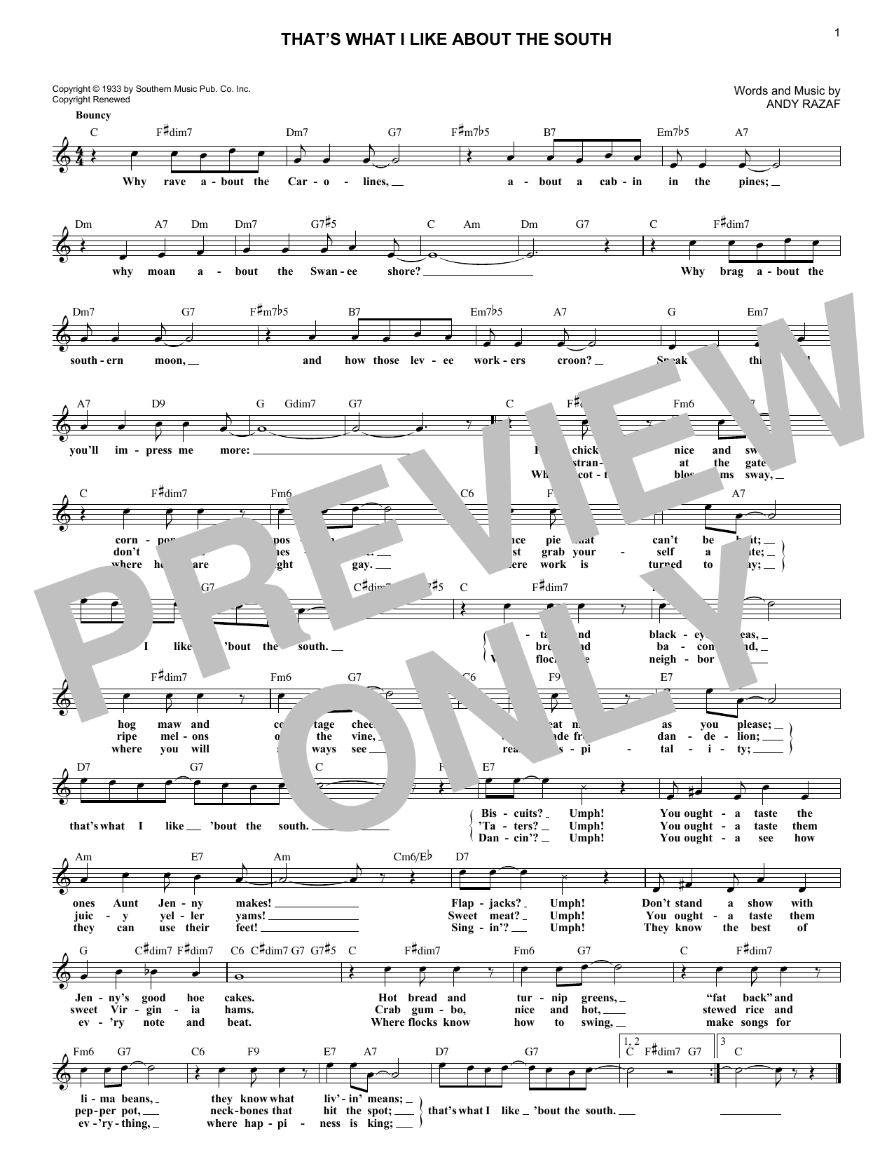 Andy Razaf That's What I Like About The South sheet music notes and chords arranged for Lead Sheet / Fake Book