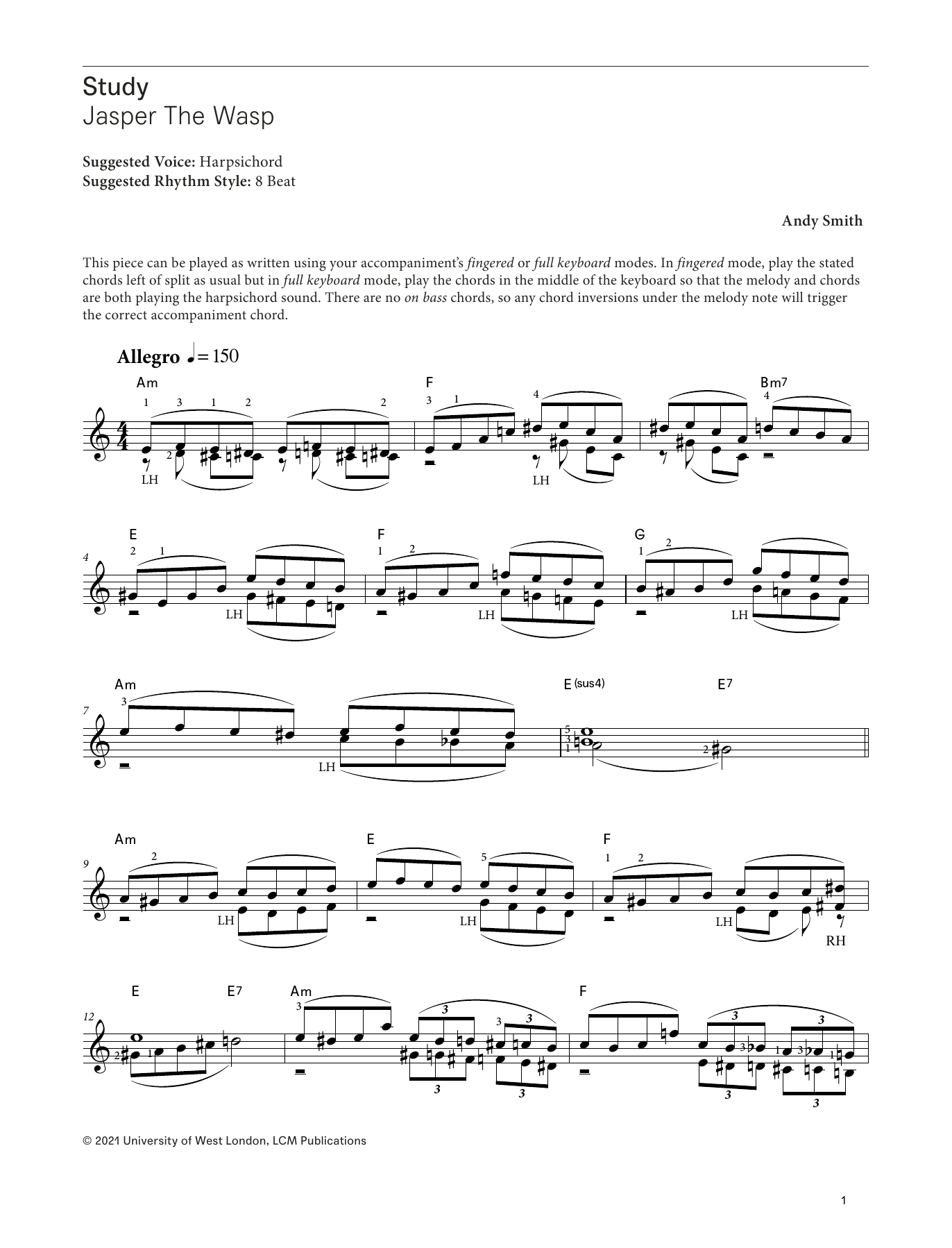 Andy Smith Jasper The Wasp (from LCME Electronic Keyboard Study Grade 8) sheet music notes and chords arranged for Piano Solo