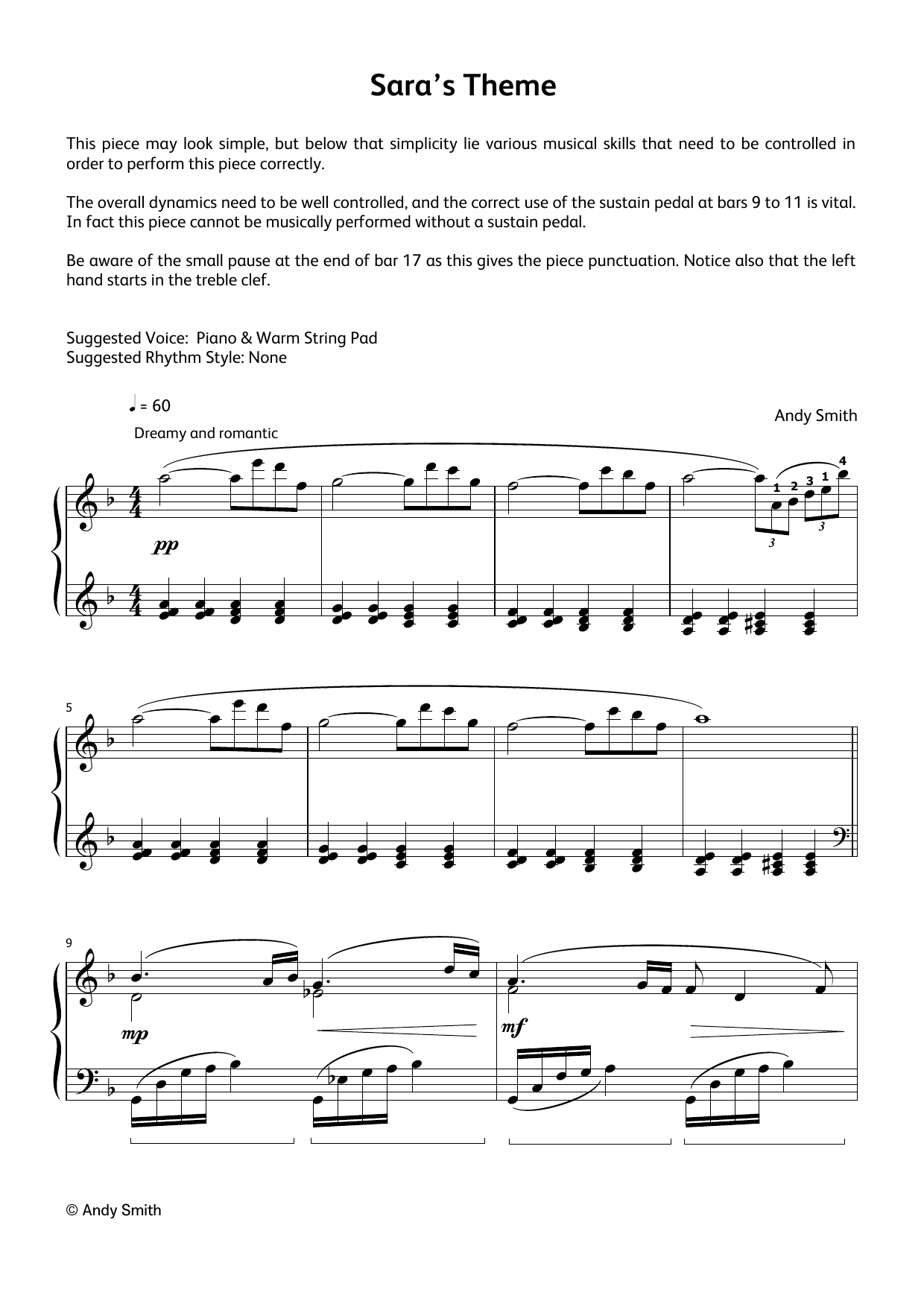 Andy Smith Sara's Theme (LCME Electronic Keyboard Grade 6 List B & C) sheet music notes and chords arranged for Piano Solo