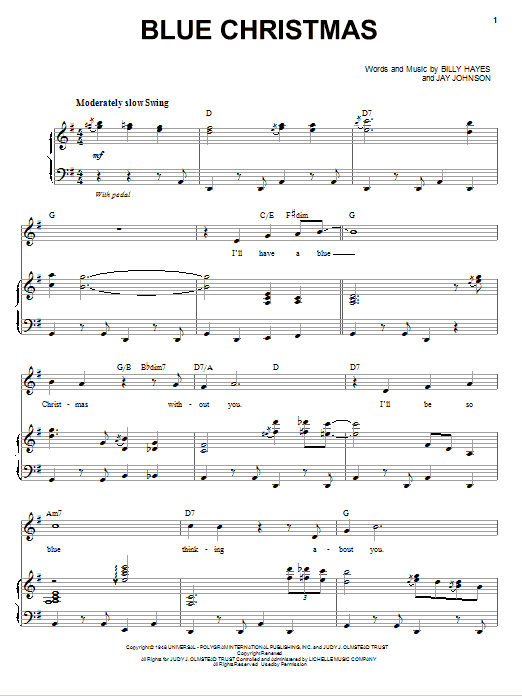 Andy Williams Blue Christmas sheet music notes and chords arranged for Piano & Vocal