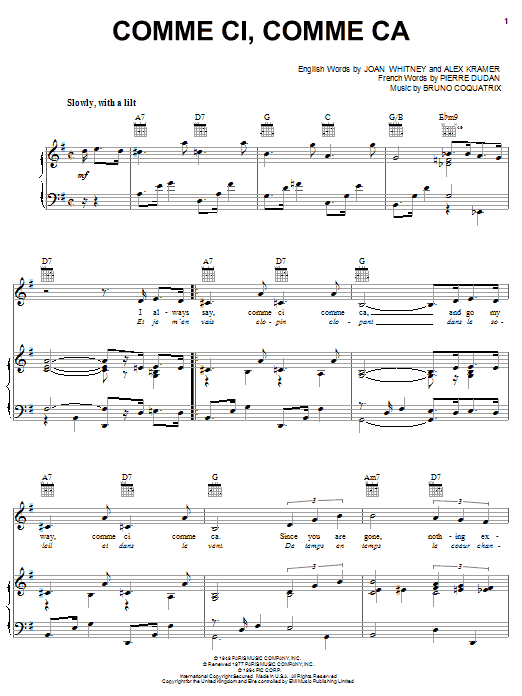 Andy Williams Comme Ci, Comme Ca sheet music notes and chords arranged for Piano, Vocal & Guitar Chords (Right-Hand Melody)