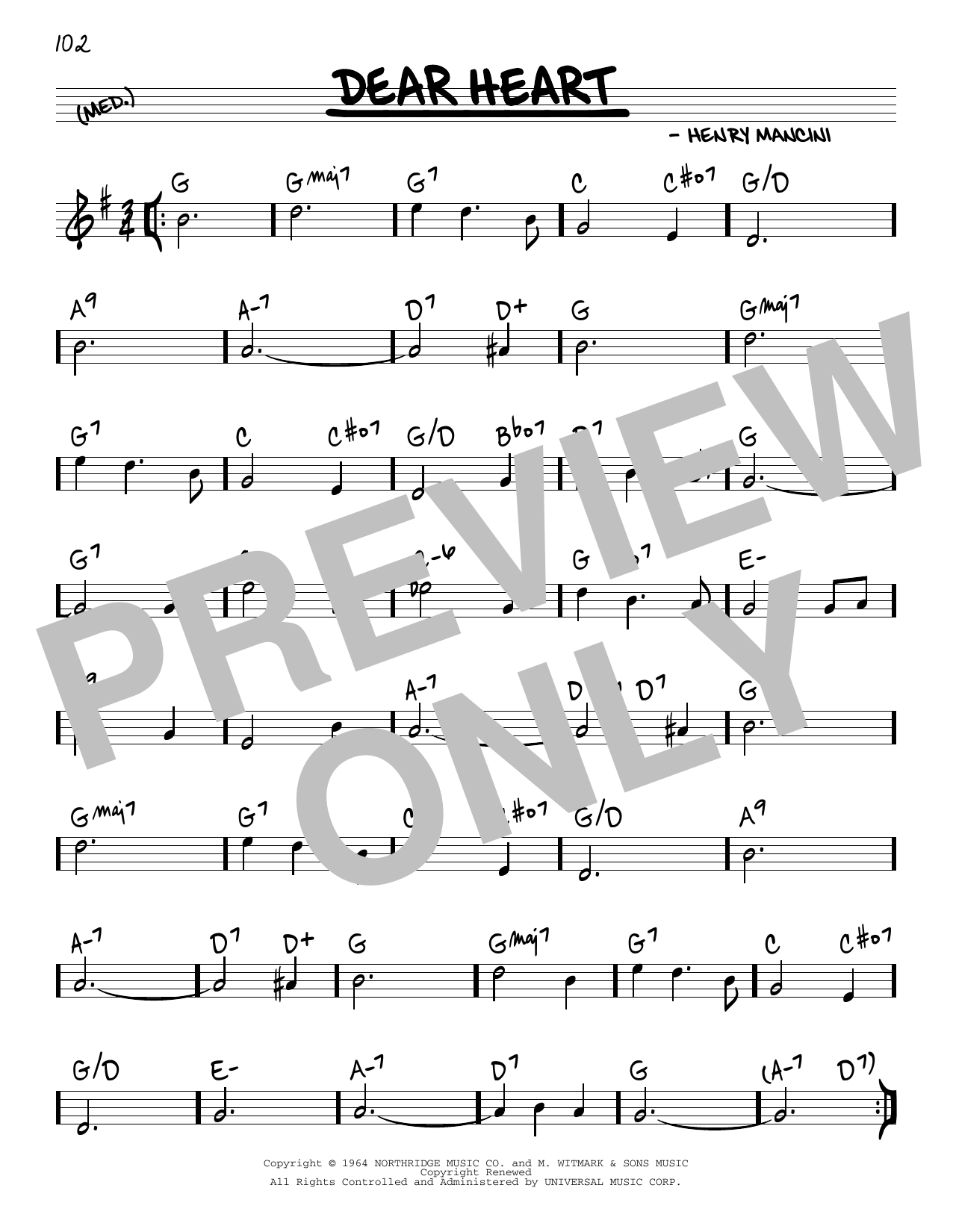 Andy Williams Dear Heart sheet music notes and chords arranged for Real Book – Melody & Chords