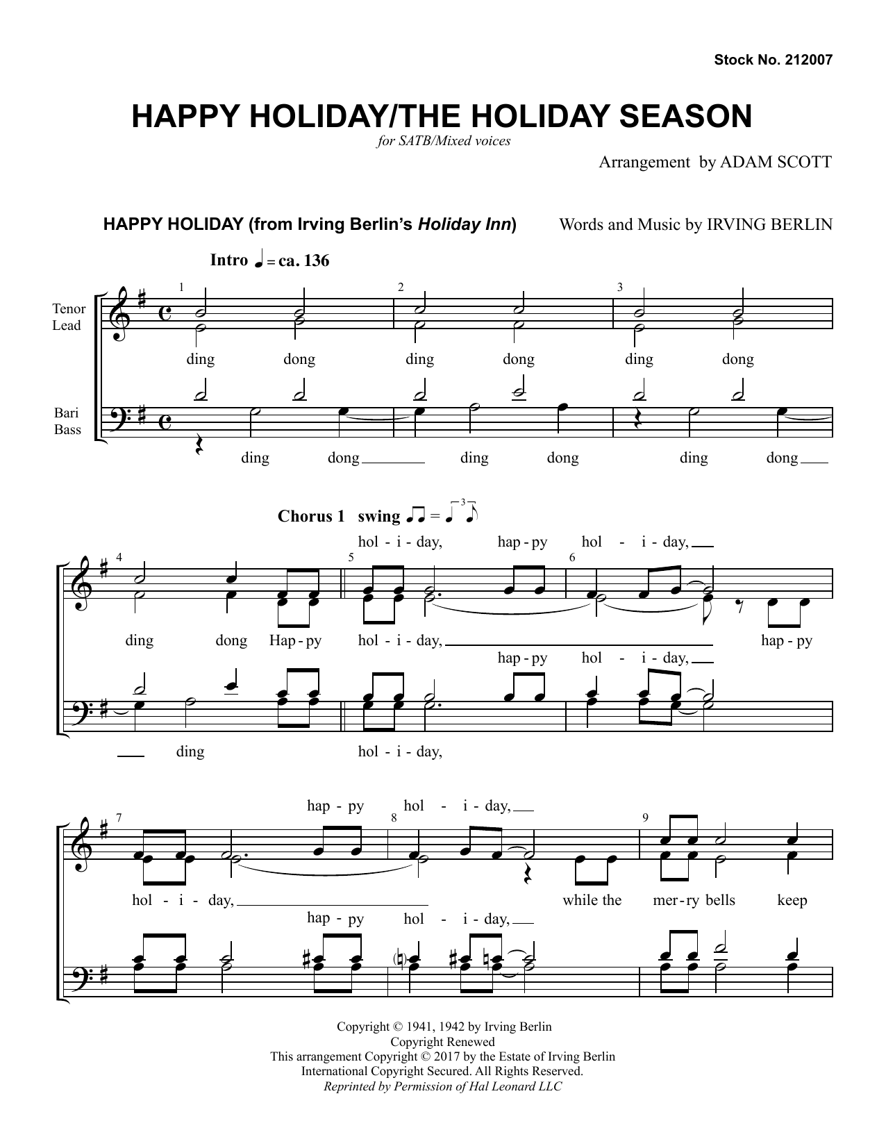 Andy Williams Happy Holiday/The Holiday Season (arr. Adam Scott) sheet music notes and chords arranged for TTBB Choir