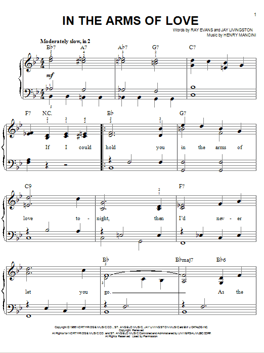 Andy Williams In The Arms Of Love sheet music notes and chords arranged for Piano & Vocal