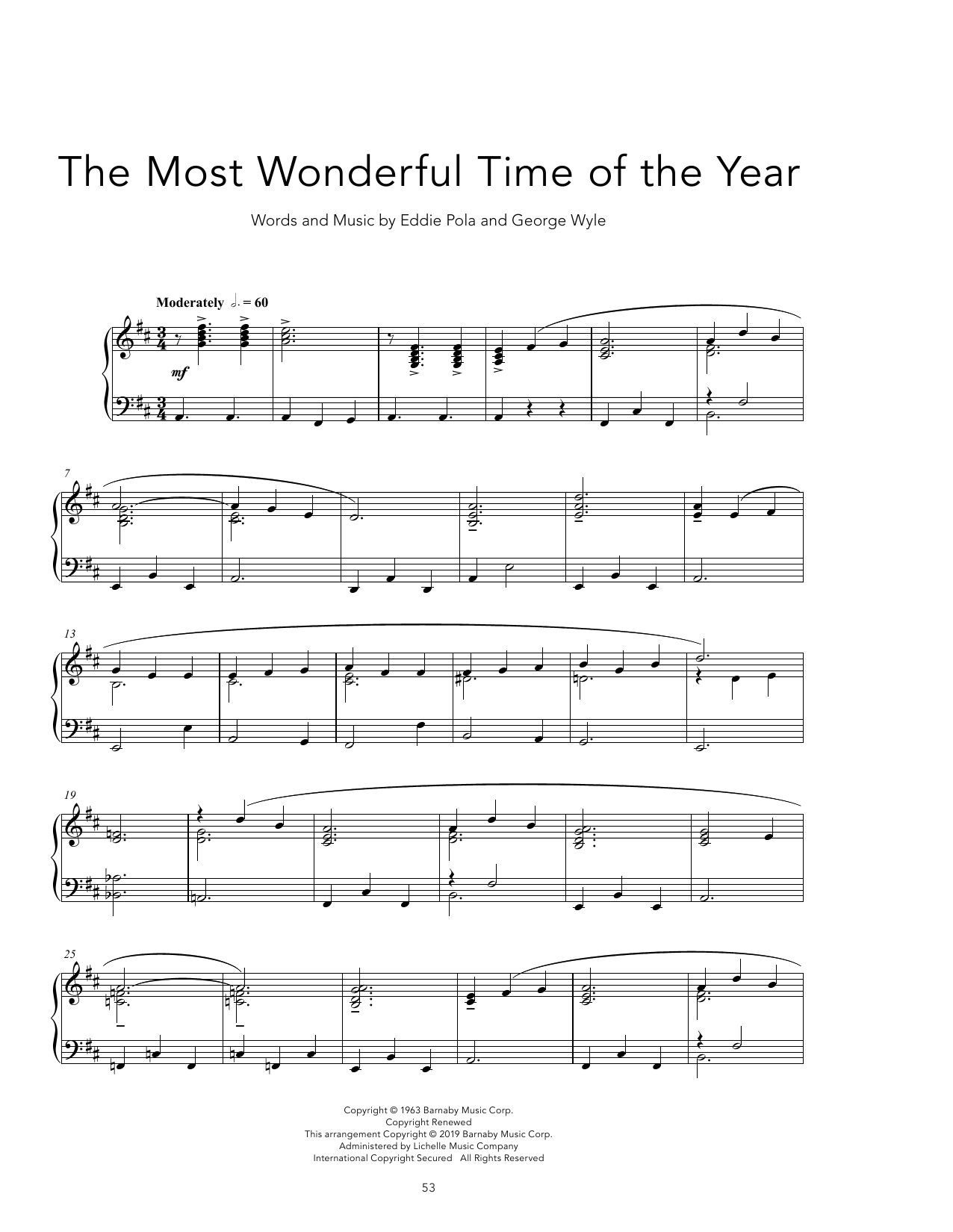 Andy Williams It's The Most Wonderful Time Of The Year [Peaceful version] sheet music notes and chords arranged for Piano Solo