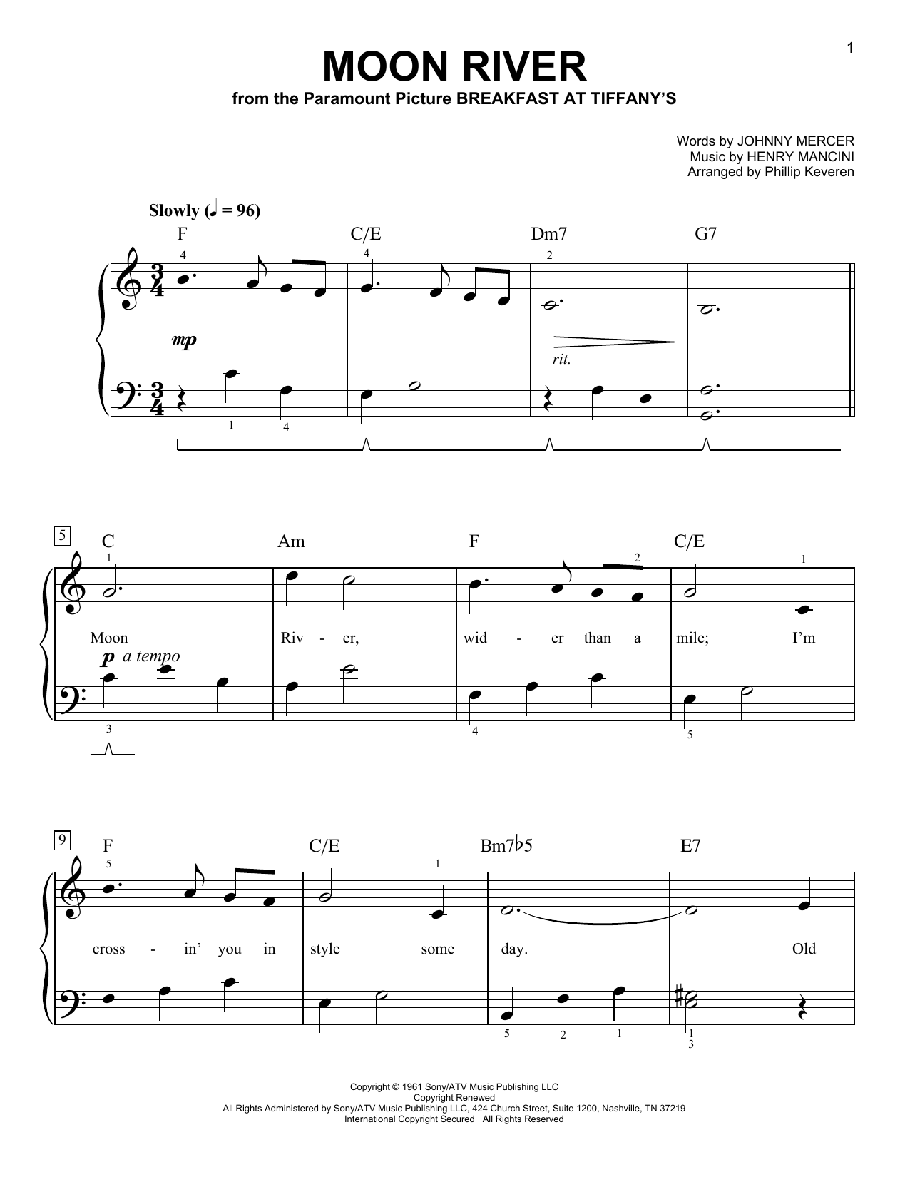 Andy Williams Moon River (arr. Phillip Keveren) sheet music notes and chords arranged for Easy Piano