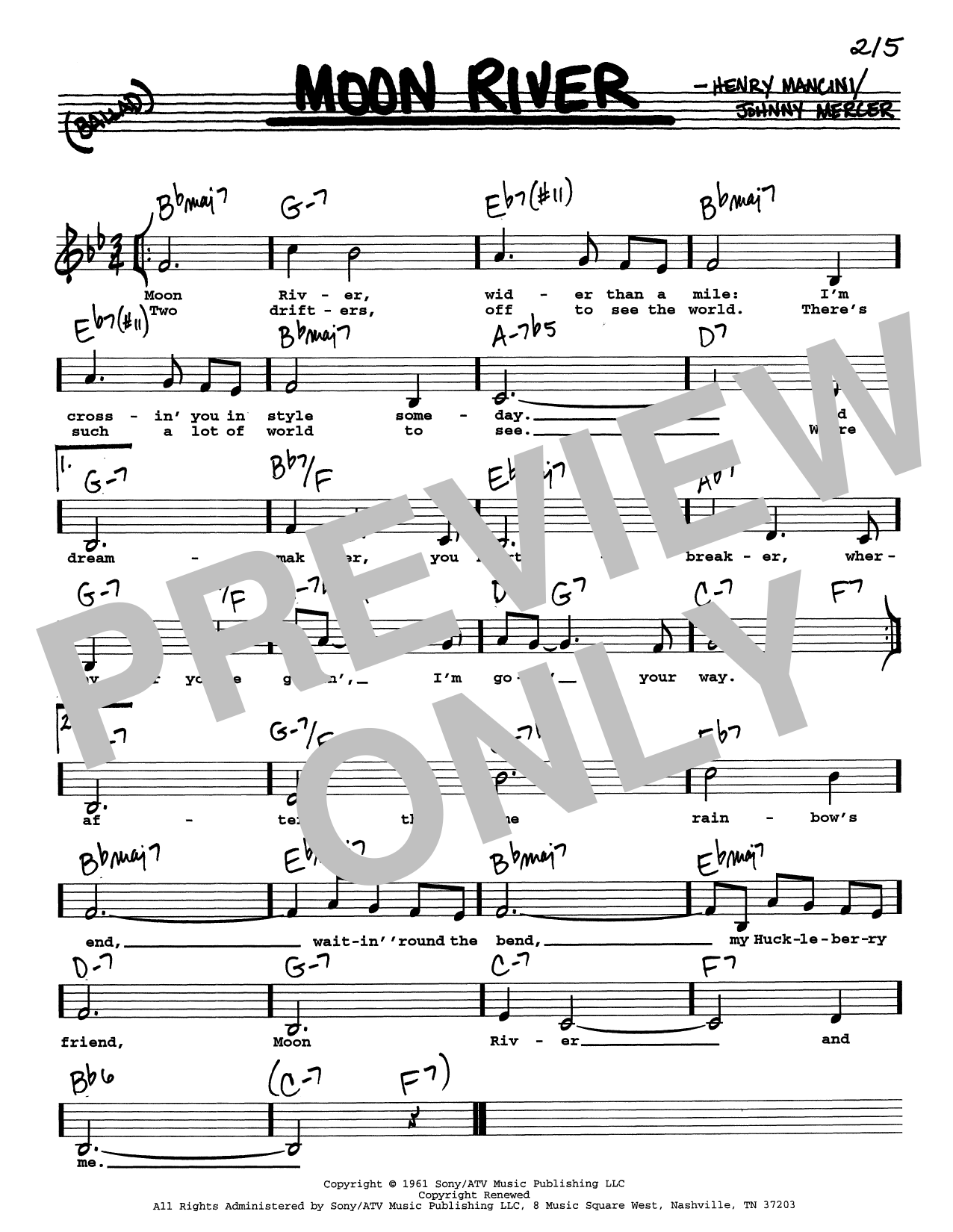 Andy Williams Moon River (Low Voice) sheet music notes and chords arranged for Real Book – Melody, Lyrics & Chords