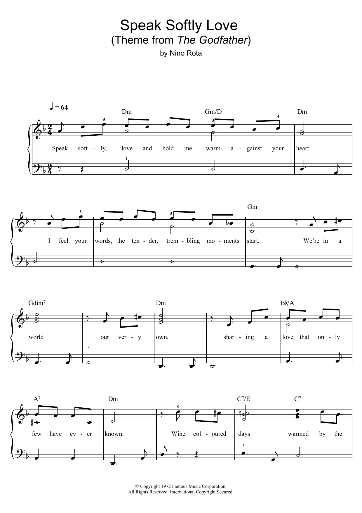 Andy Williams Speak Softly Love (Godfather Theme) sheet music notes and chords arranged for Easy Piano