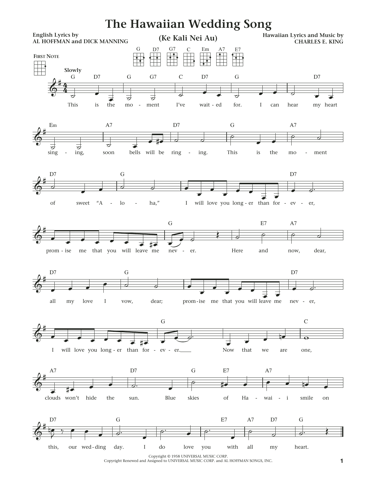 Andy Williams The Hawaiian Wedding Song (Ke Kali Nei Au) (from The Daily Ukulele) (arr. Liz and Jim Beloff) sheet music notes and chords arranged for Ukulele