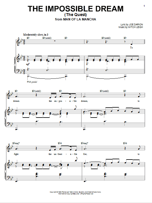 Andy Williams The Impossible Dream (The Quest) sheet music notes and chords arranged for Piano & Vocal