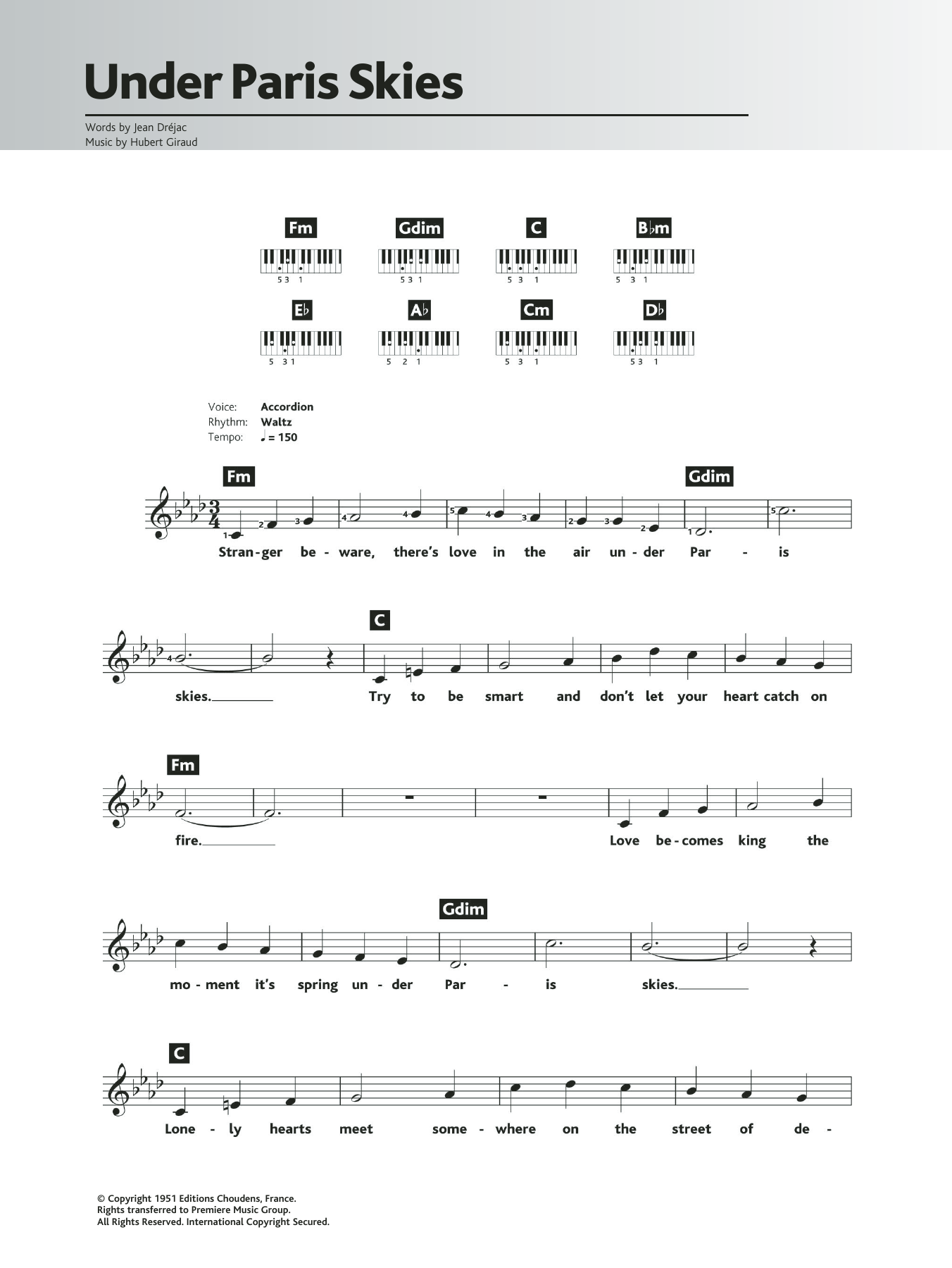 Andy Williams Under Paris Skies (Sous Le Ciel De Paris) sheet music notes and chords arranged for Piano Chords/Lyrics