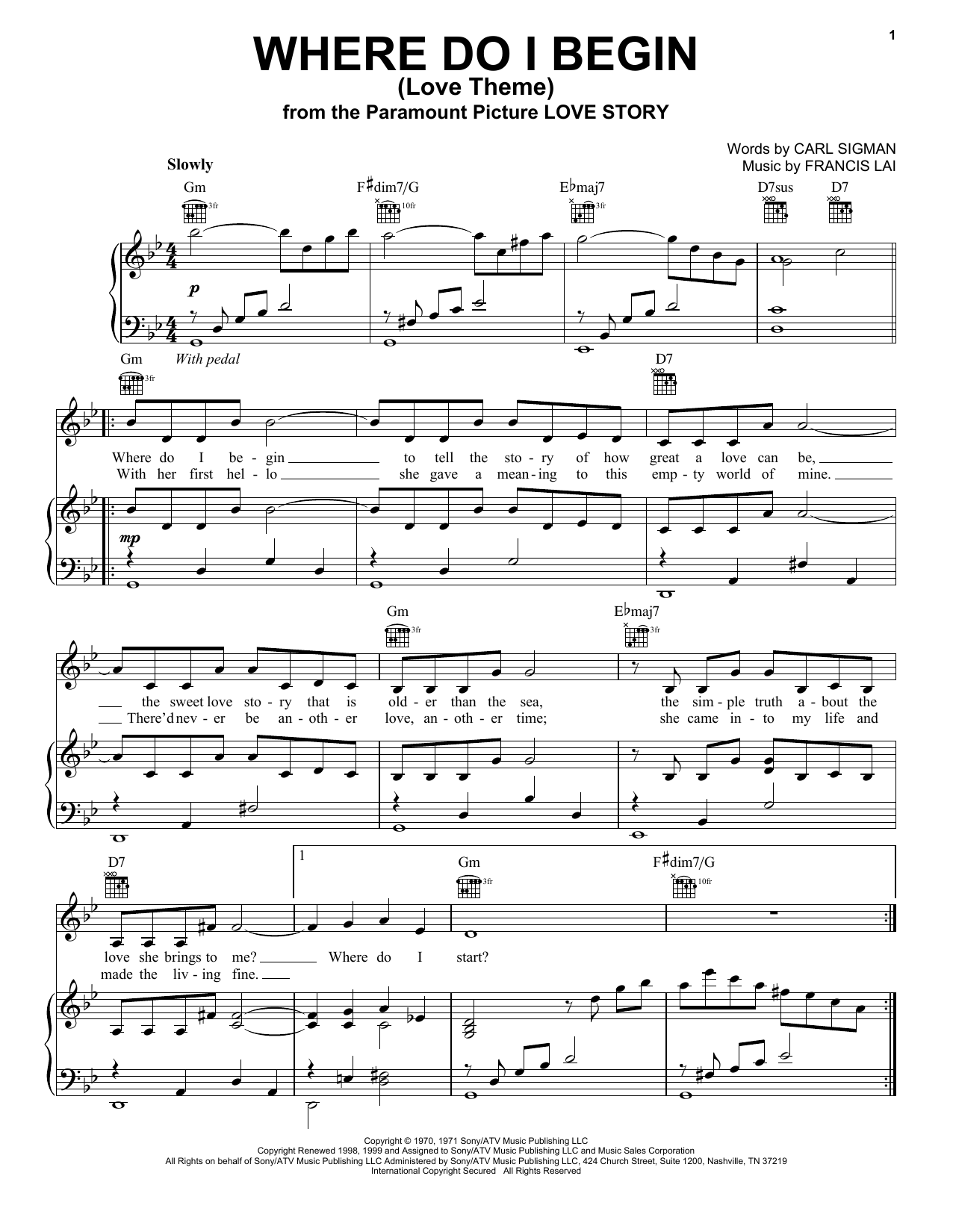 Andy Williams Where Do I Begin (Love Theme) sheet music notes and chords arranged for Piano Solo