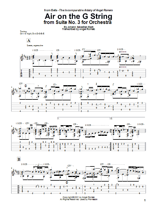 Angel Romero Air On The G String sheet music notes and chords arranged for Solo Guitar