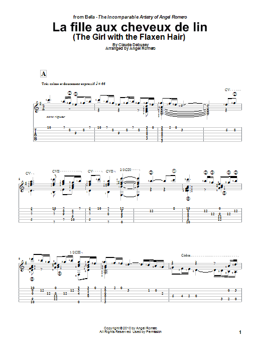 Angel Romero La Fille Aux Cheveux De Lin (The Girl With The Flaxen Hair) sheet music notes and chords arranged for Solo Guitar