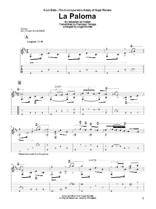 Angel Romero La Paloma sheet music notes and chords arranged for Solo Guitar